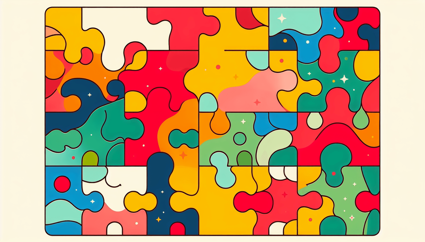 Puzzle in flat illustration style and white background, red #f47574, green #88c7a8, yellow #fcc44b, and blue #645bc8 colors.