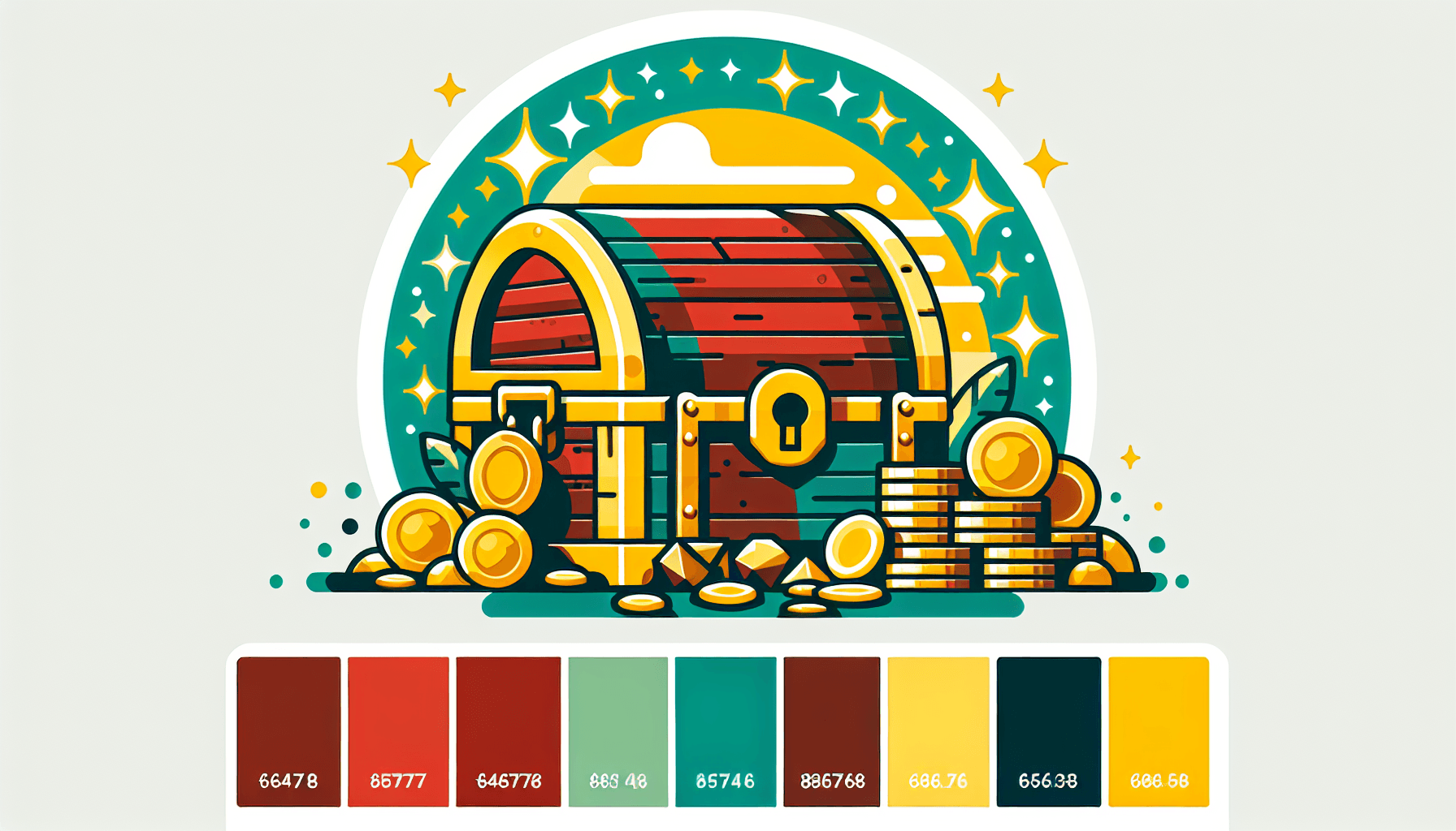 Treasure chest in flat illustration style and white background, red #f47574, green #88c7a8, yellow #fcc44b, and blue #645bc8 colors.