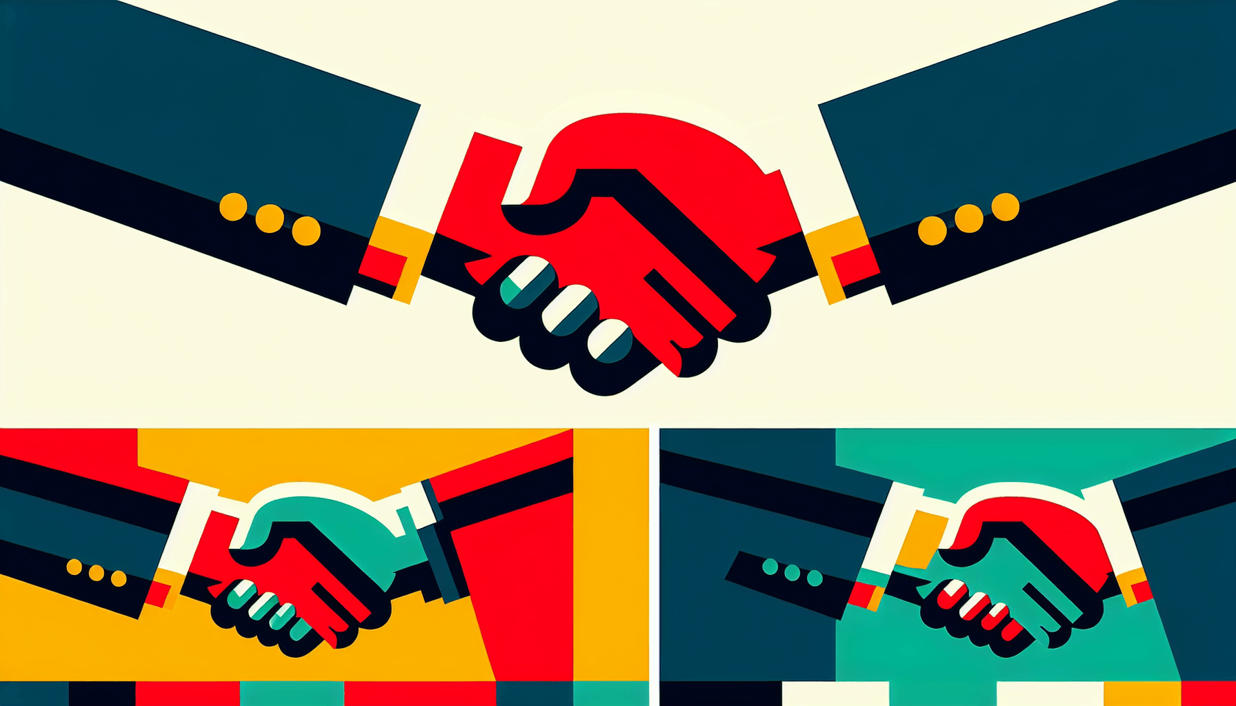 Handshake in flat illustration style and white background, red #f47574, green #88c7a8, yellow #fcc44b, and blue #645bc8 colors.