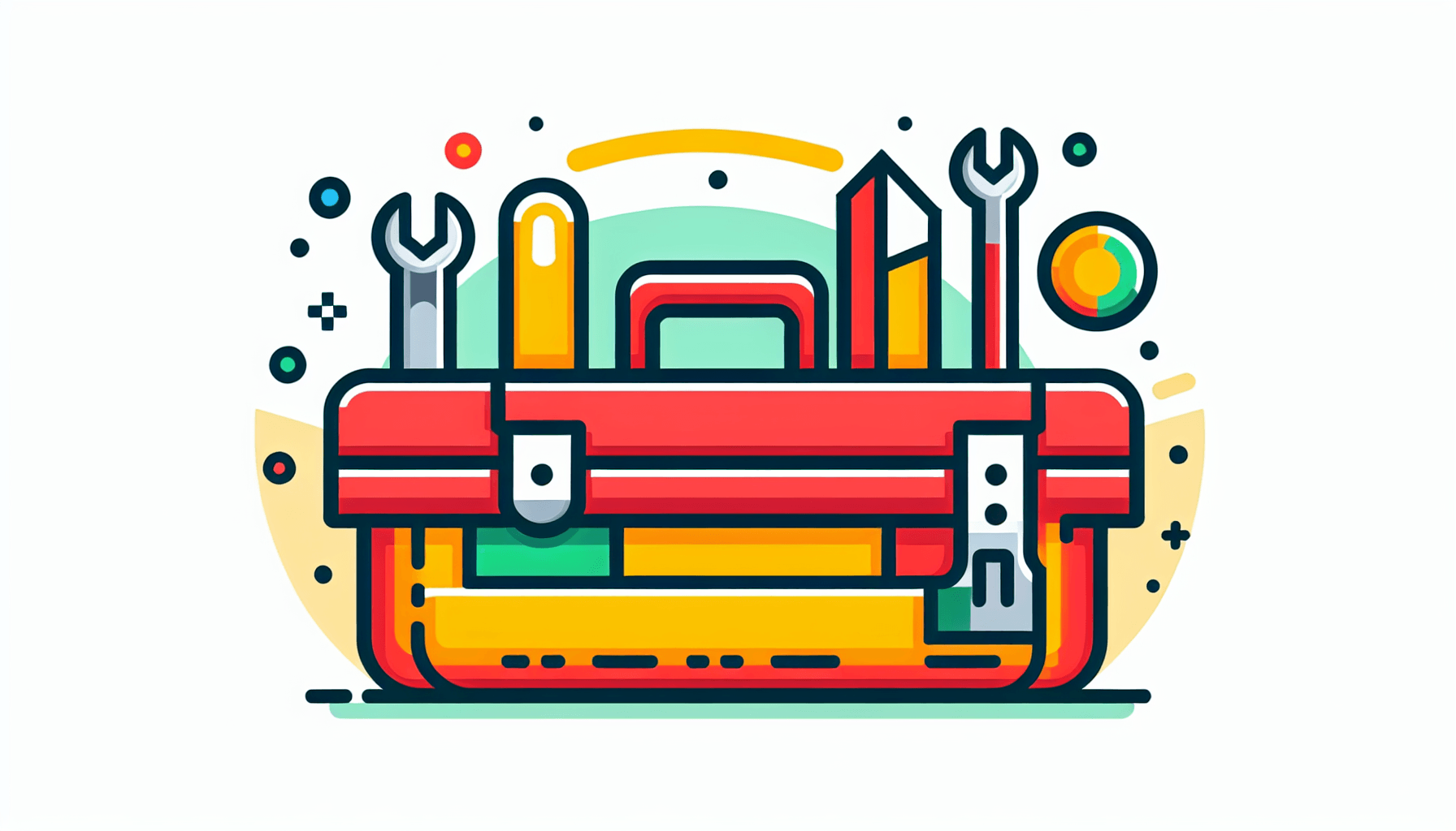 Toolbox in flat illustration style and white background, red #f47574, green #88c7a8, yellow #fcc44b, and blue #645bc8 colors.
