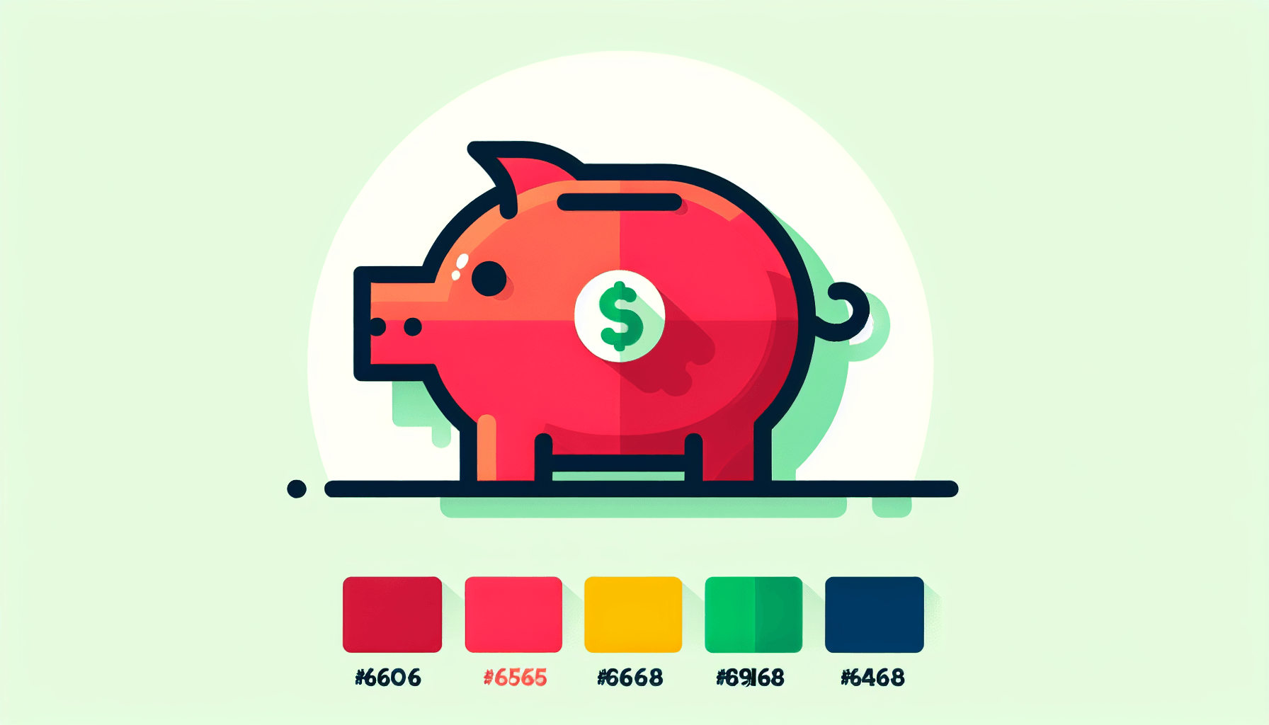 Piggy bank in flat illustration style and white background, red #f47574, green #88c7a8, yellow #fcc44b, and blue #645bc8 colors.