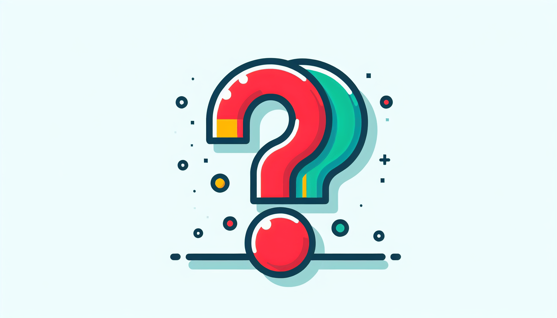 Question mark in flat illustration style and white background, red #f47574, green #88c7a8, yellow #fcc44b, and blue #645bc8 colors.