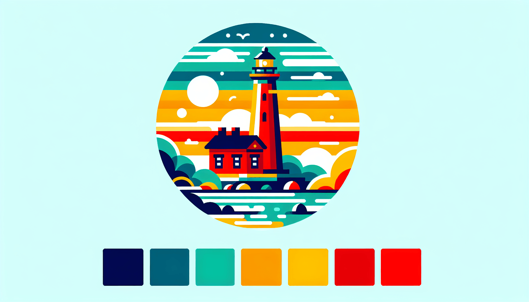 Lighthouse in flat illustration style and white background, red #f47574, green #88c7a8, yellow #fcc44b, and blue #645bc8 colors.