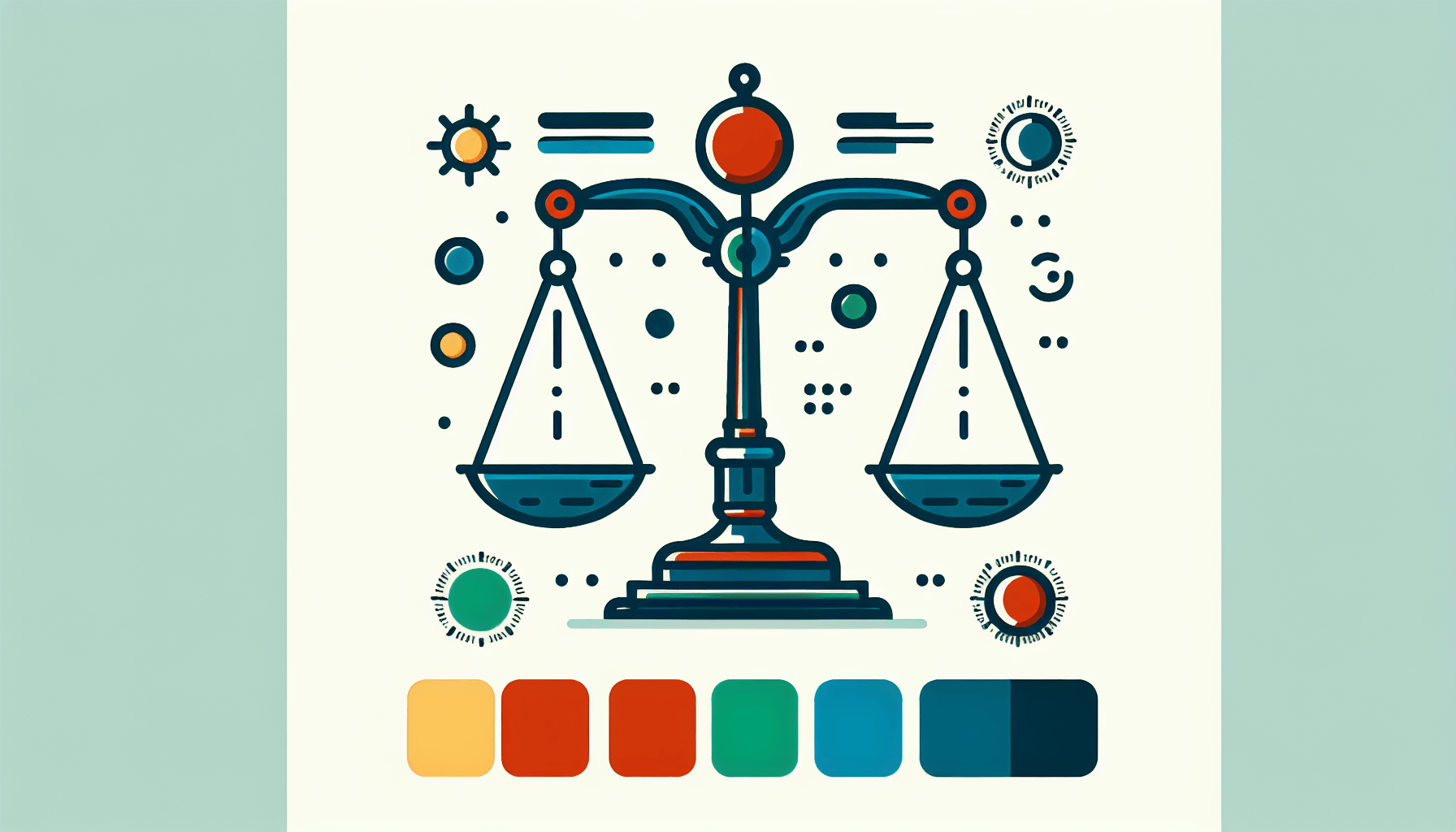 Balance scale in flat illustration style and white background, red #f47574, green #88c7a8, yellow #fcc44b, and blue #645bc8 colors.