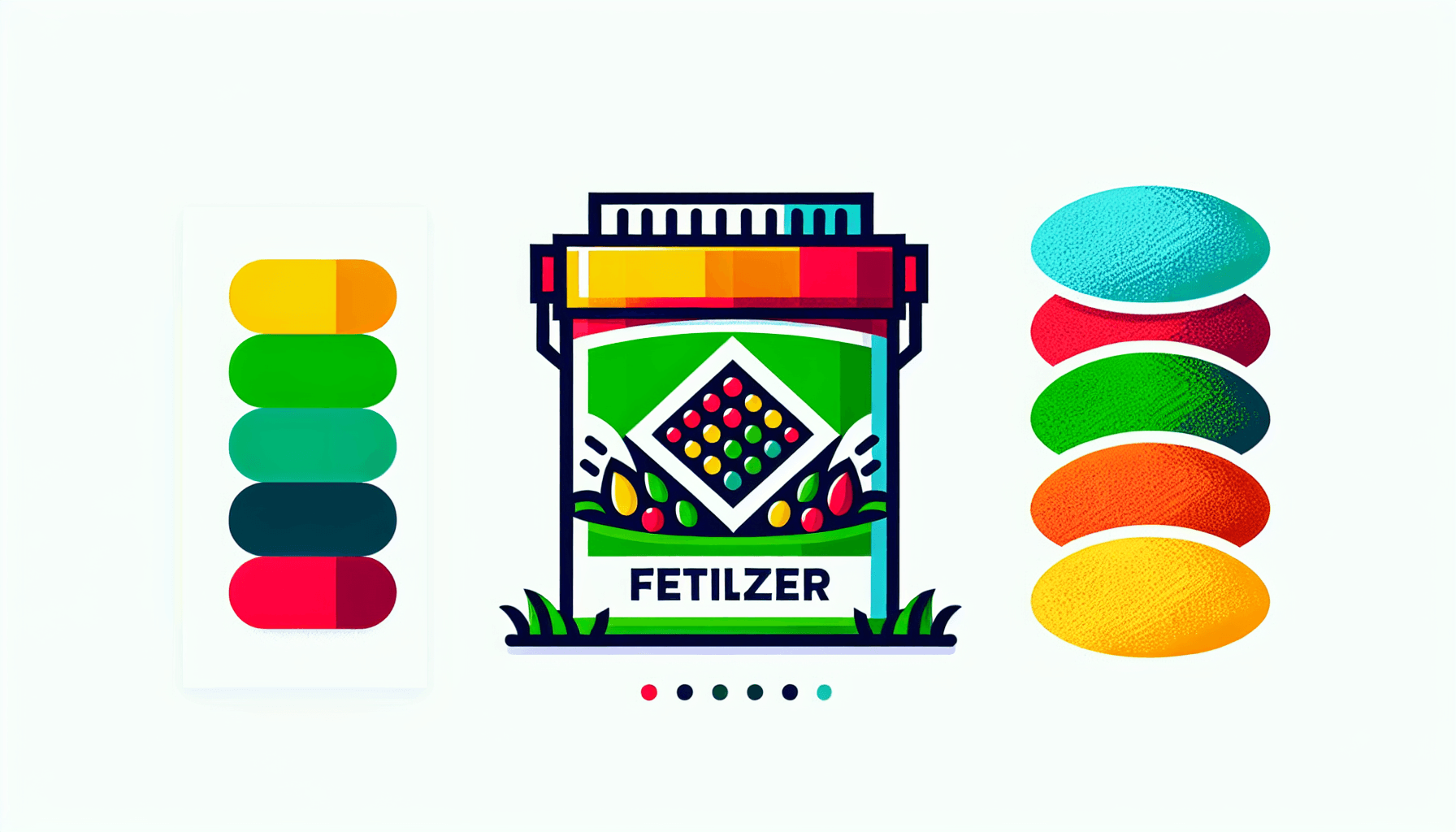 Fertilizer in flat illustration style and white background, red #f47574, green #88c7a8, yellow #fcc44b, and blue #645bc8 colors.