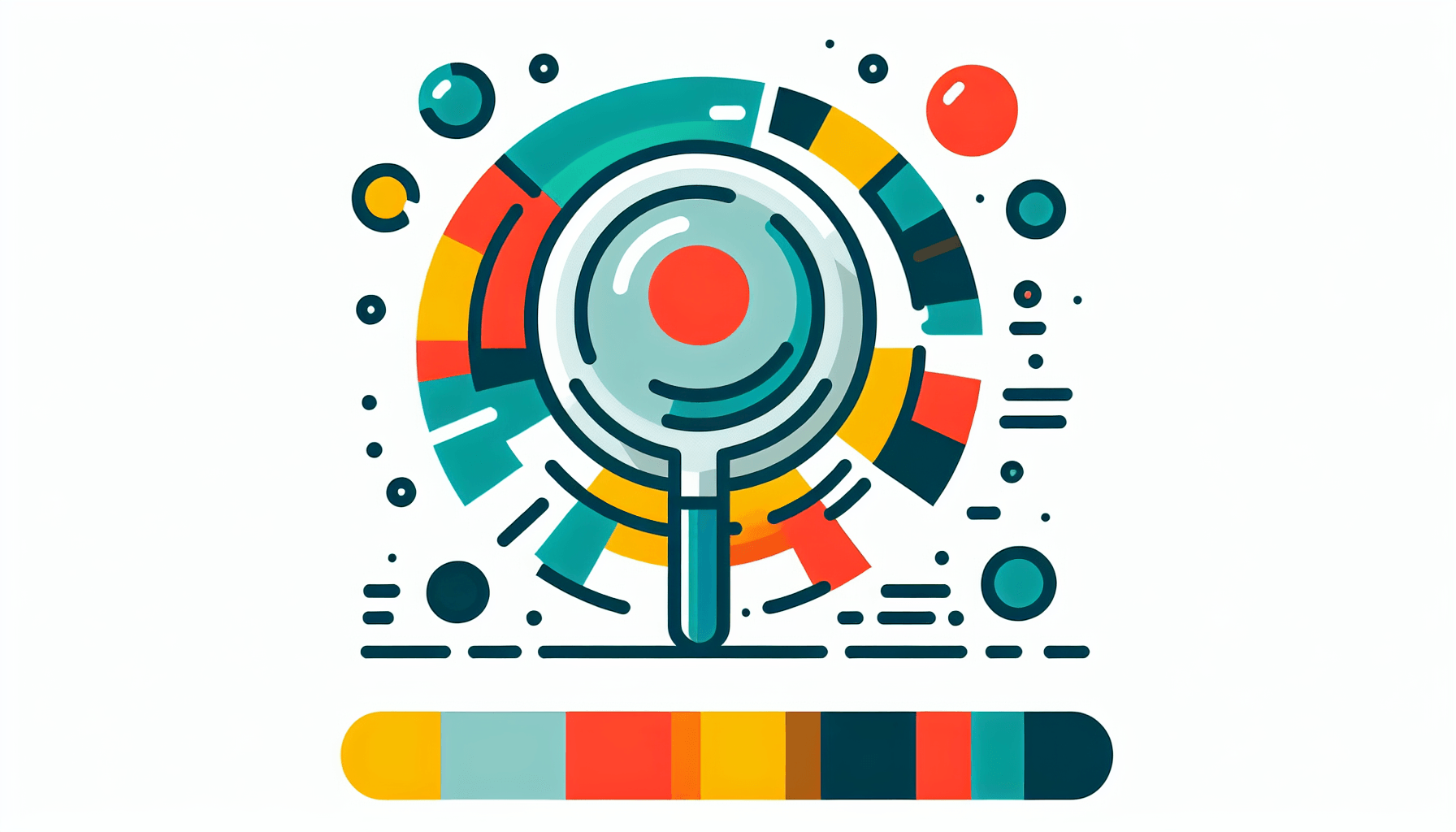Magnifying glass in flat illustration style and white background, red #f47574, green #88c7a8, yellow #fcc44b, and blue #645bc8 colors.