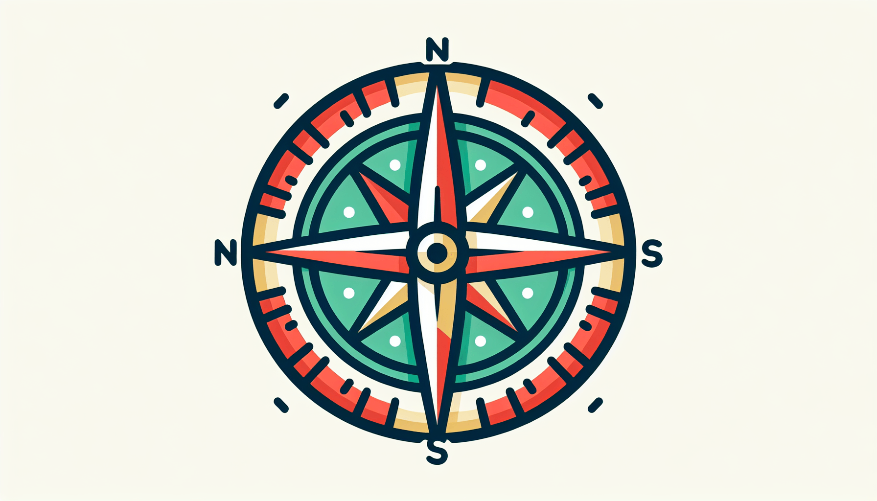 Compass in flat illustration style and white background, red #f47574, green #88c7a8, yellow #fcc44b, and blue #645bc8 colors.