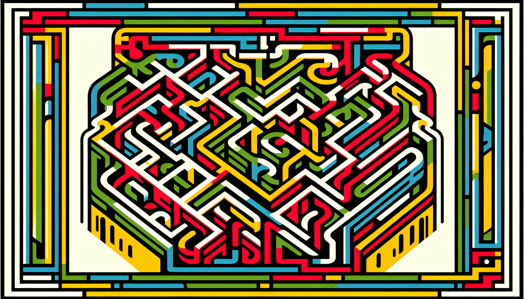 Labyrinth in flat illustration style and white background, red #f47574, green #88c7a8, yellow #fcc44b, and blue #645bc8 colors.