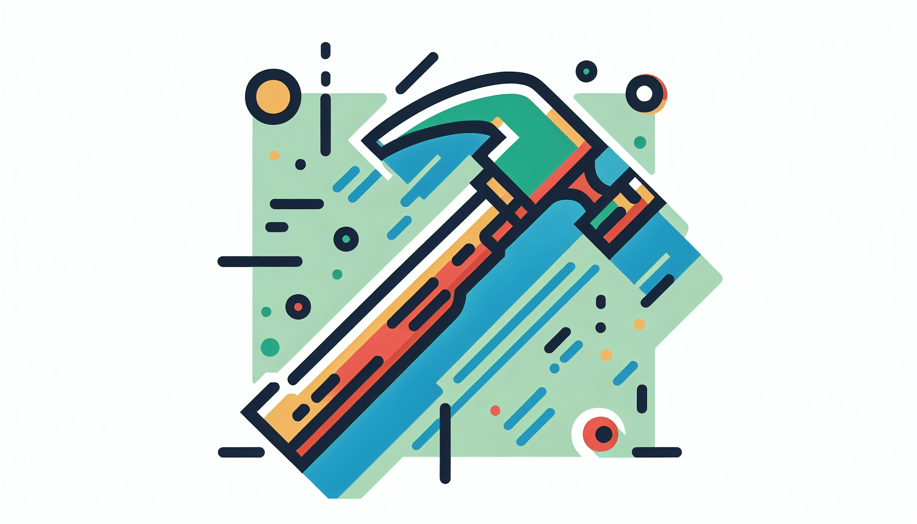 Hammer in flat illustration style and white background, red #f47574, green #88c7a8, yellow #fcc44b, and blue #645bc8 colors.