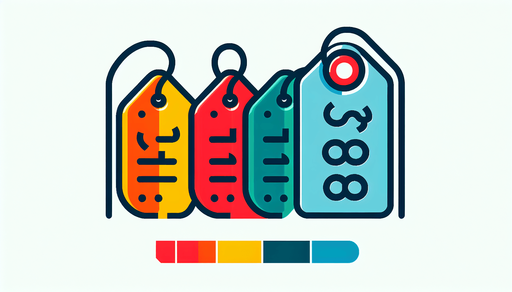 Price tag in flat illustration style and white background, red #f47574, green #88c7a8, yellow #fcc44b, and blue #645bc8 colors.
