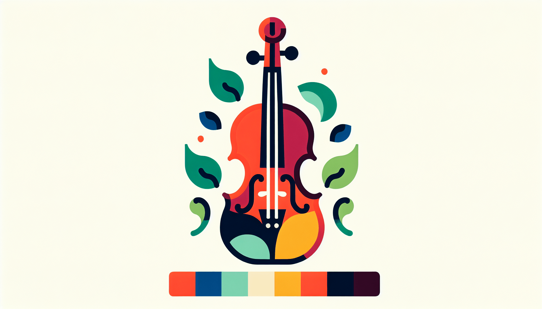 Violin in flat illustration style and white background, red #f47574, green #88c7a8, yellow #fcc44b, and blue #645bc8 colors.