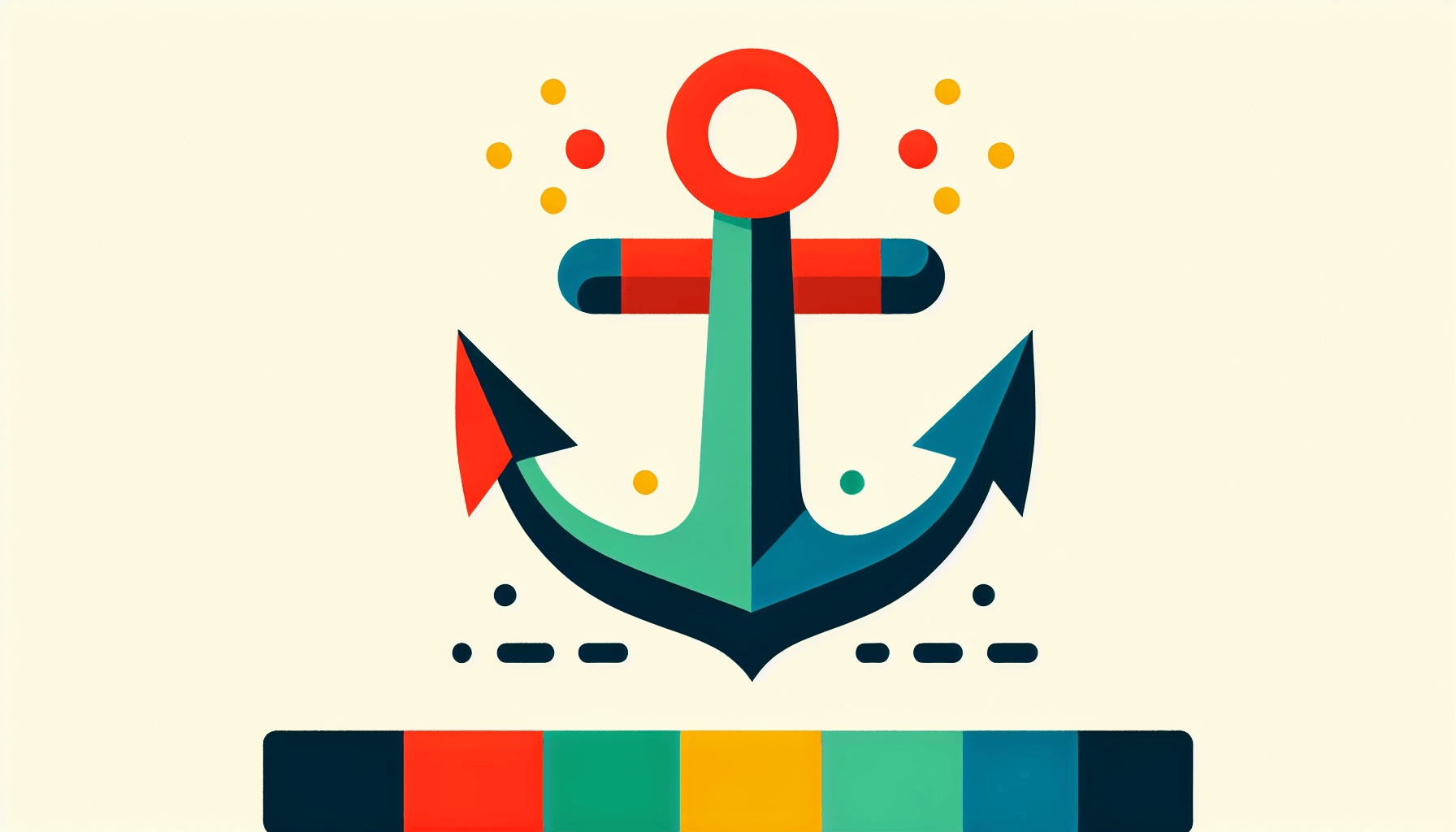 Anchor in flat illustration style and white background, red #f47574, green #88c7a8, yellow #fcc44b, and blue #645bc8 colors.