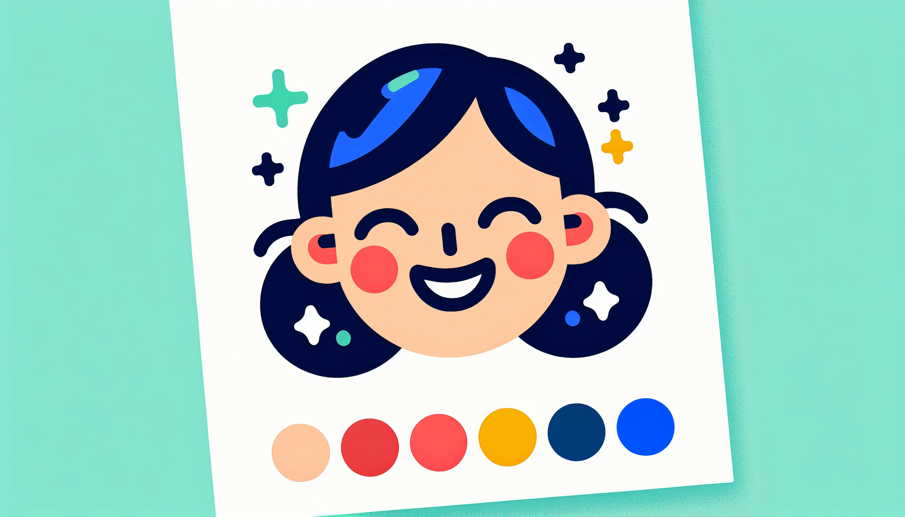 Happy face in flat illustration style and white background, red #f47574, green #88c7a8, yellow #fcc44b, and blue #645bc8 colors.