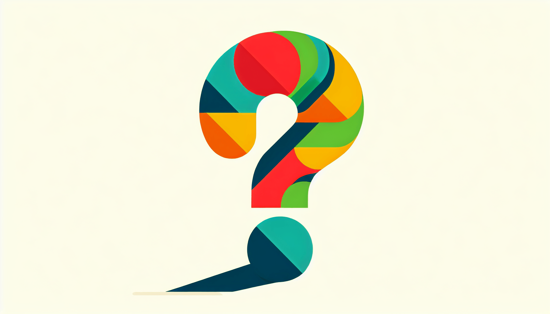 Question mark in flat illustration style and white background, red #f47574, green #88c7a8, yellow #fcc44b, and blue #645bc8 colors.