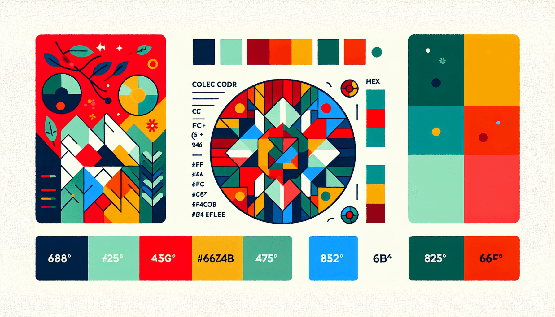 Palette in flat illustration style and white background, red #f47574, green #88c7a8, yellow #fcc44b, and blue #645bc8 colors.