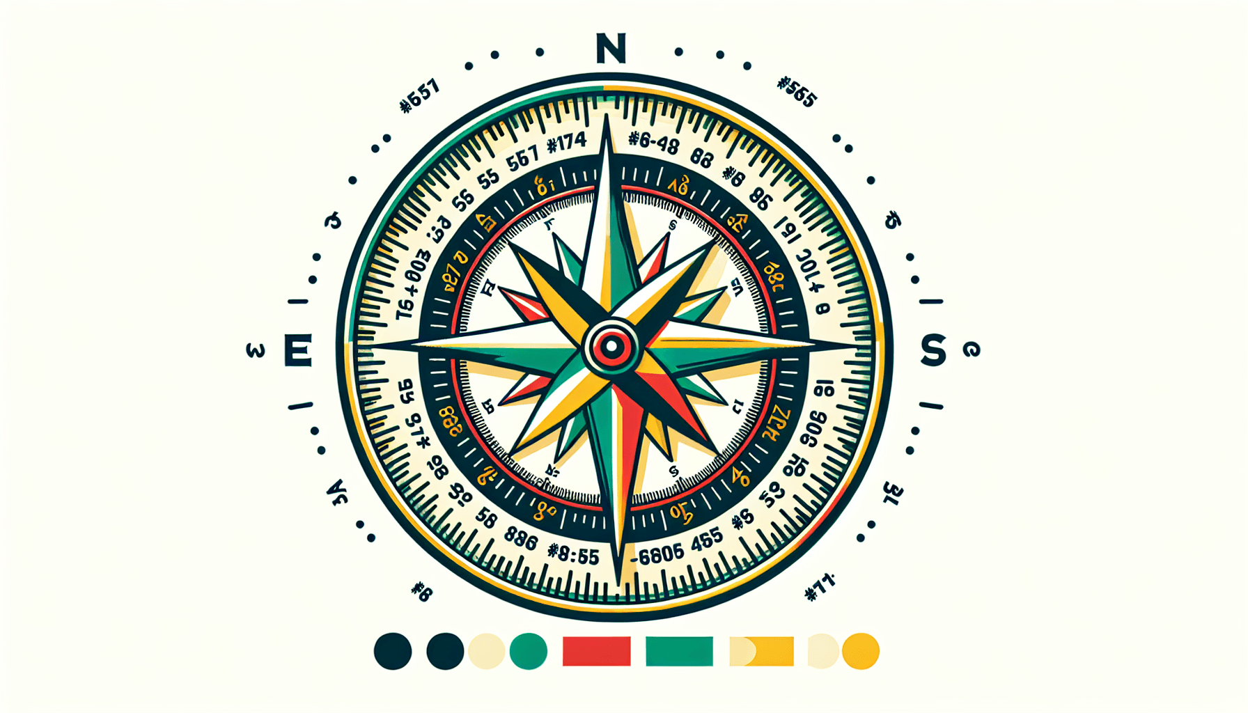 Compass in flat illustration style and white background, red #f47574, green #88c7a8, yellow #fcc44b, and blue #645bc8 colors.