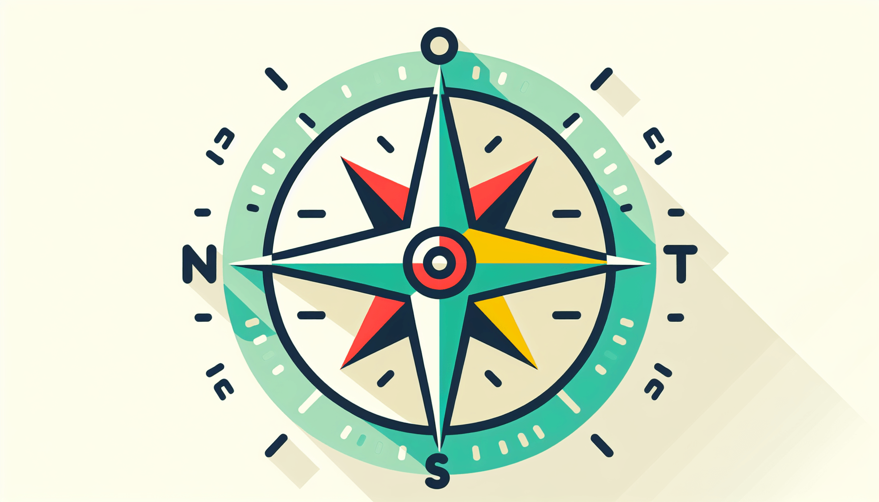 Compass in flat illustration style and white background, red #f47574, green #88c7a8, yellow #fcc44b, and blue #645bc8 colors.