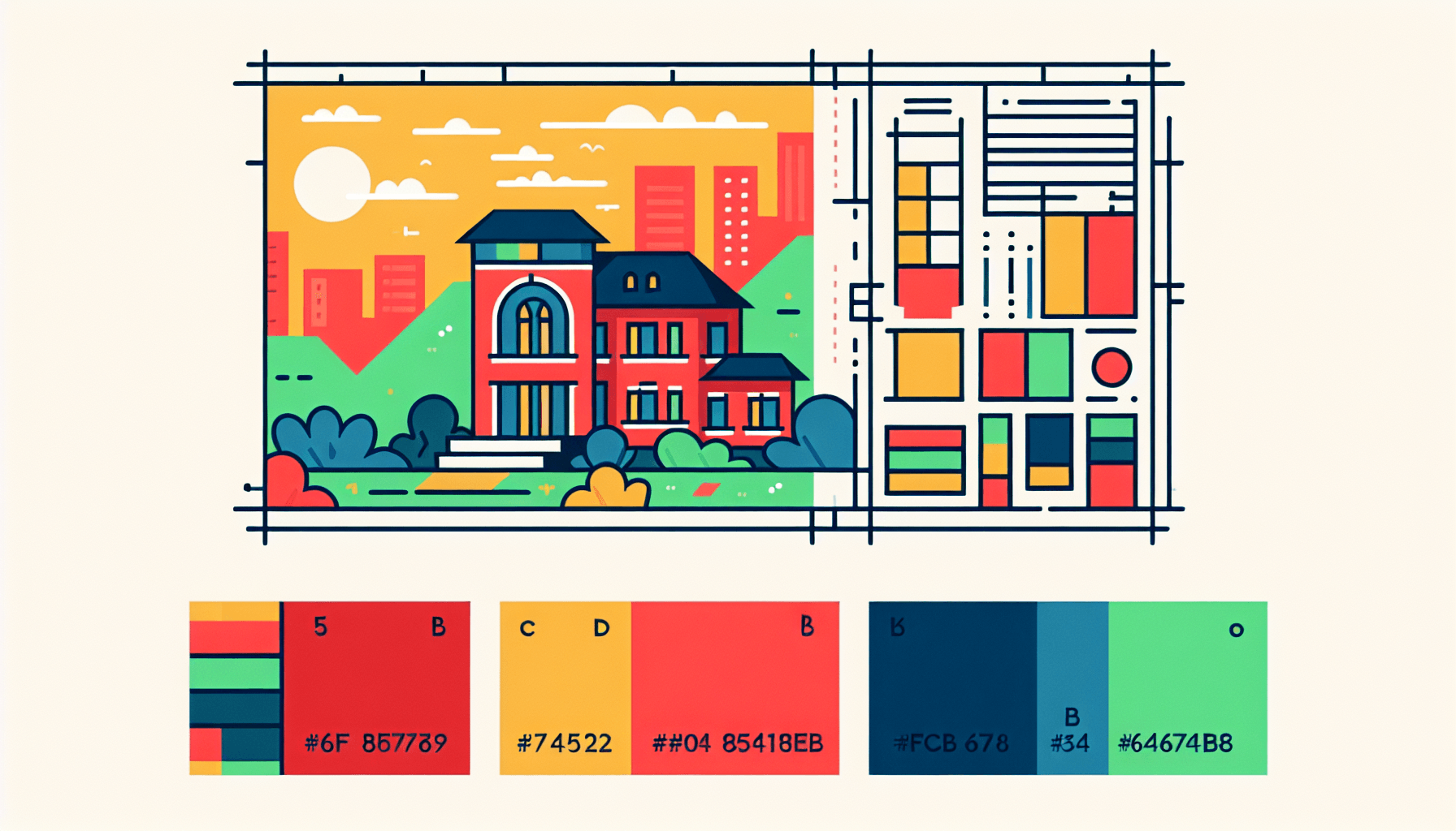 Blueprint in flat illustration style and white background, red #f47574, green #88c7a8, yellow #fcc44b, and blue #645bc8 colors.