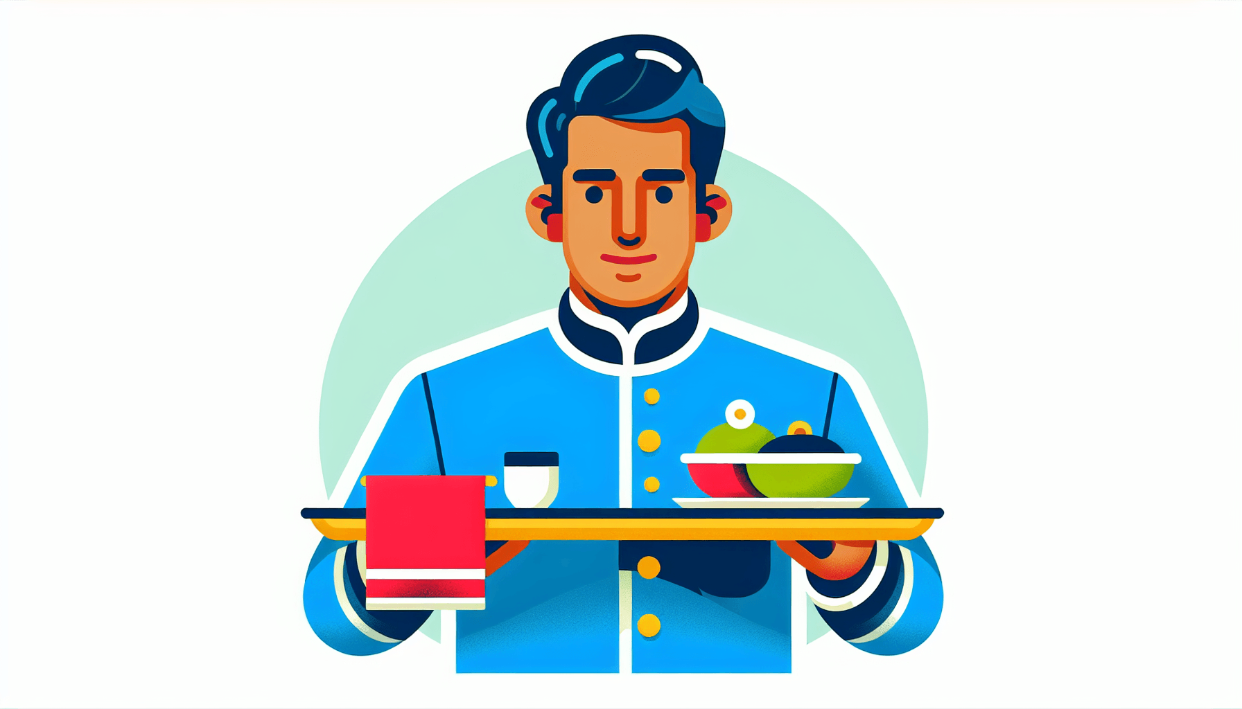 Waiter in flat illustration style and white background, red #f47574, green #88c7a8, yellow #fcc44b, and blue #645bc8 colors.
