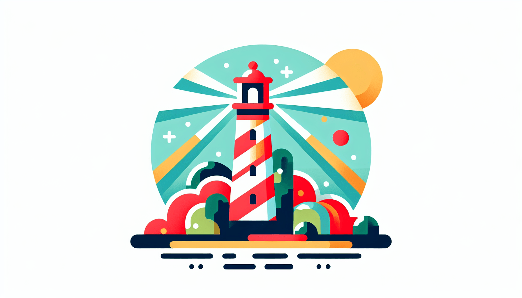 Lighthouse in flat illustration style and white background, red #f47574, green #88c7a8, yellow #fcc44b, and blue #645bc8 colors.