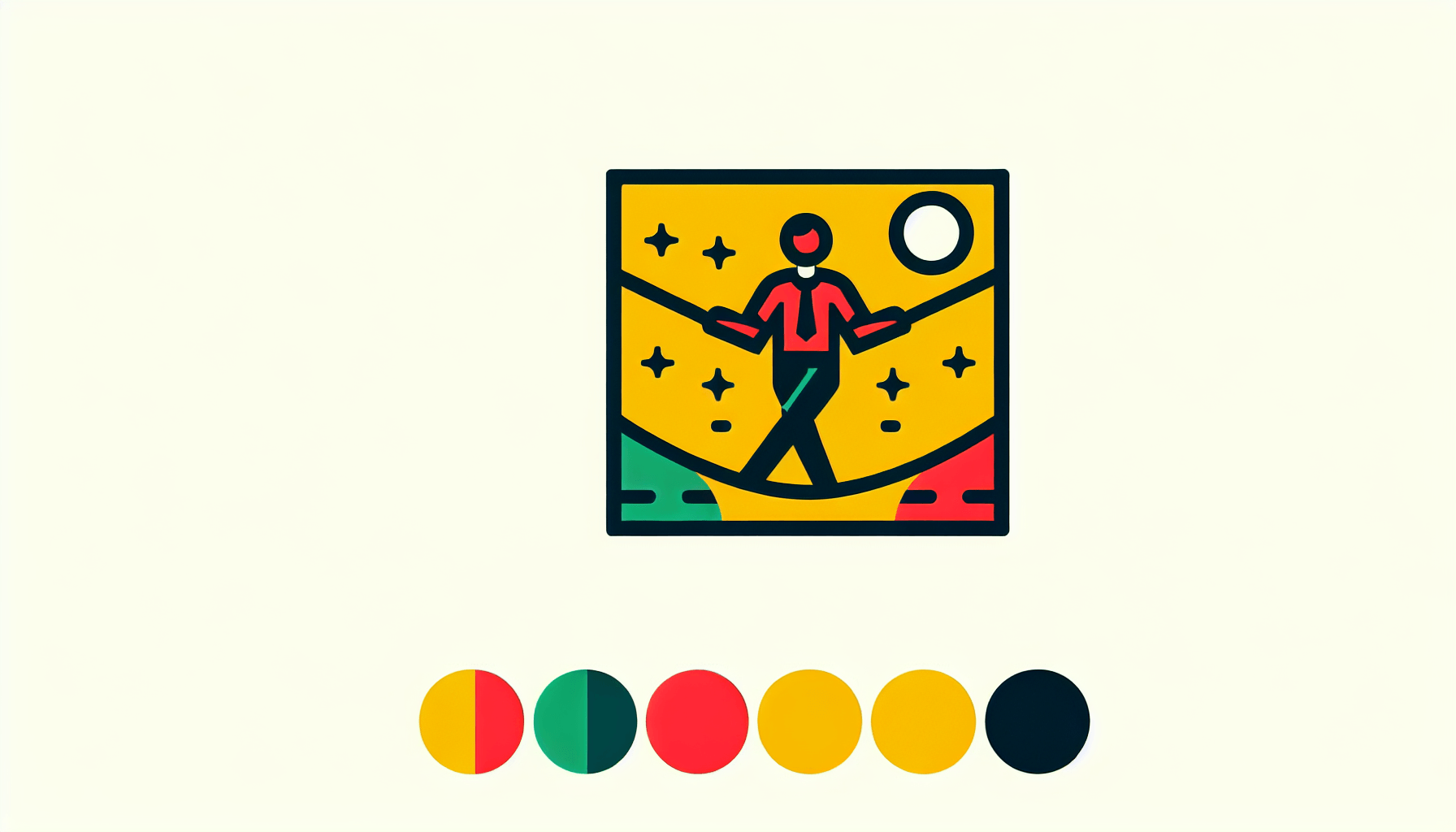 Tightrope in flat illustration style and white background, red #f47574, green #88c7a8, yellow #fcc44b, and blue #645bc8 colors.