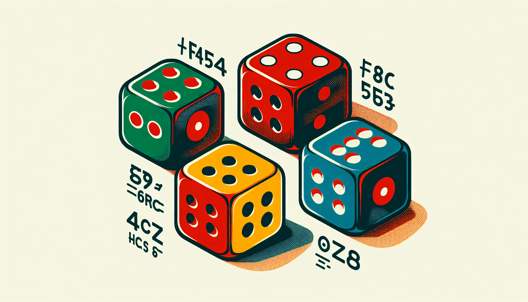 Dice in flat illustration style and white background, red #f47574, green #88c7a8, yellow #fcc44b, and blue #645bc8 colors.