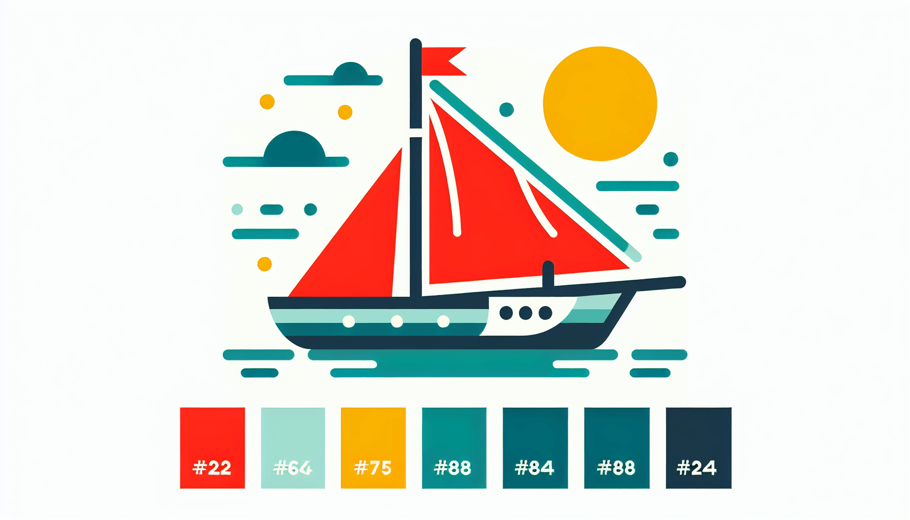 Sailboat in flat illustration style and white background, red #f47574, green #88c7a8, yellow #fcc44b, and blue #645bc8 colors.
