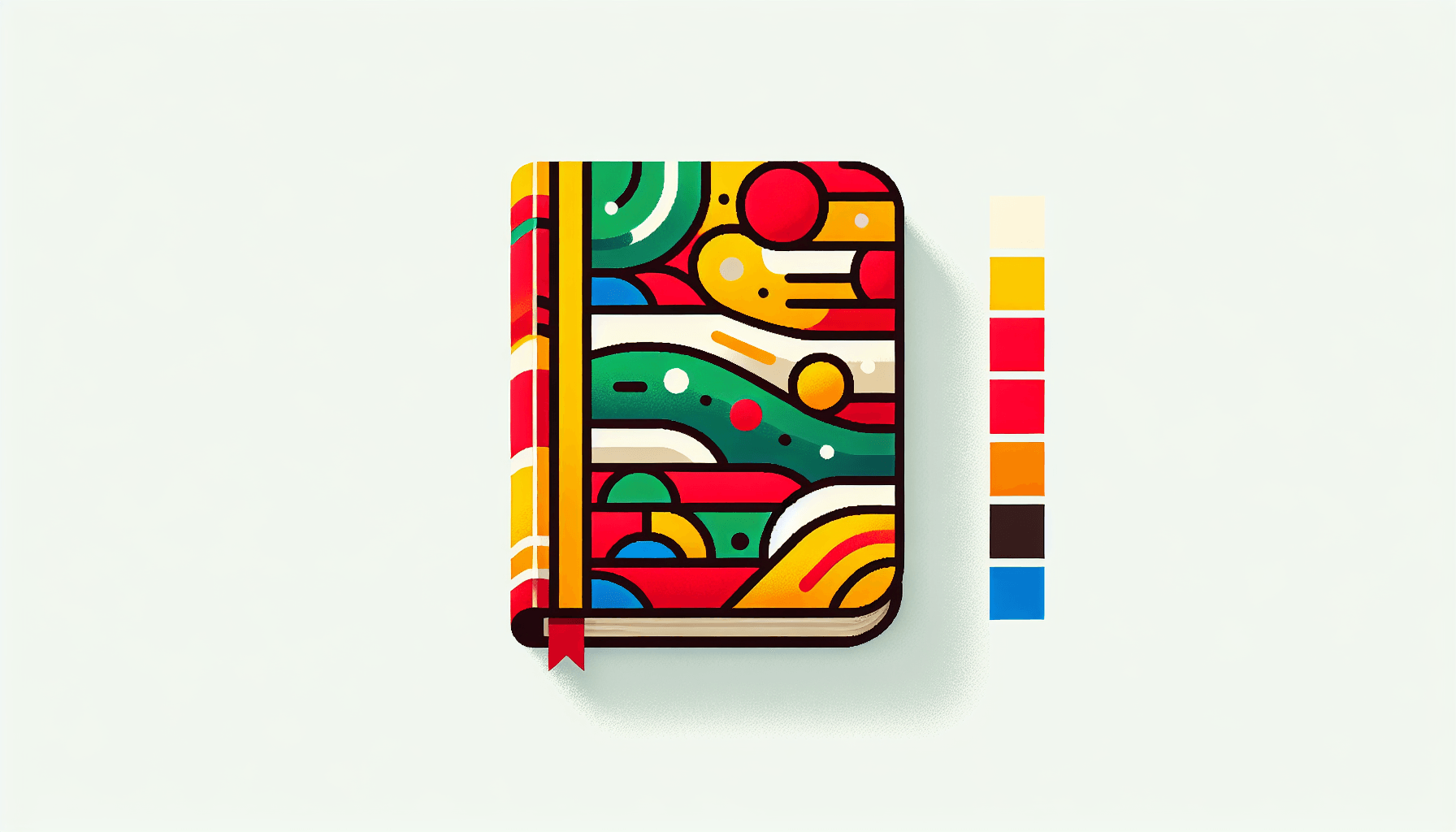 Book in flat illustration style and white background, red #f47574, green #88c7a8, yellow #fcc44b, and blue #645bc8 colors.