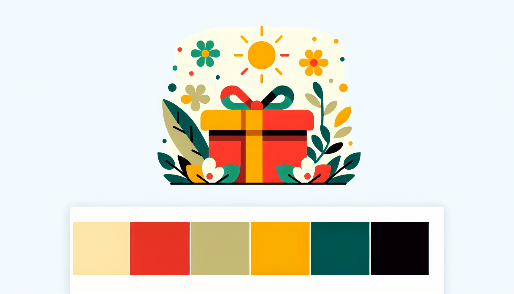 Gift in flat illustration style and white background, red #f47574, green #88c7a8, yellow #fcc44b, and blue #645bc8 colors.