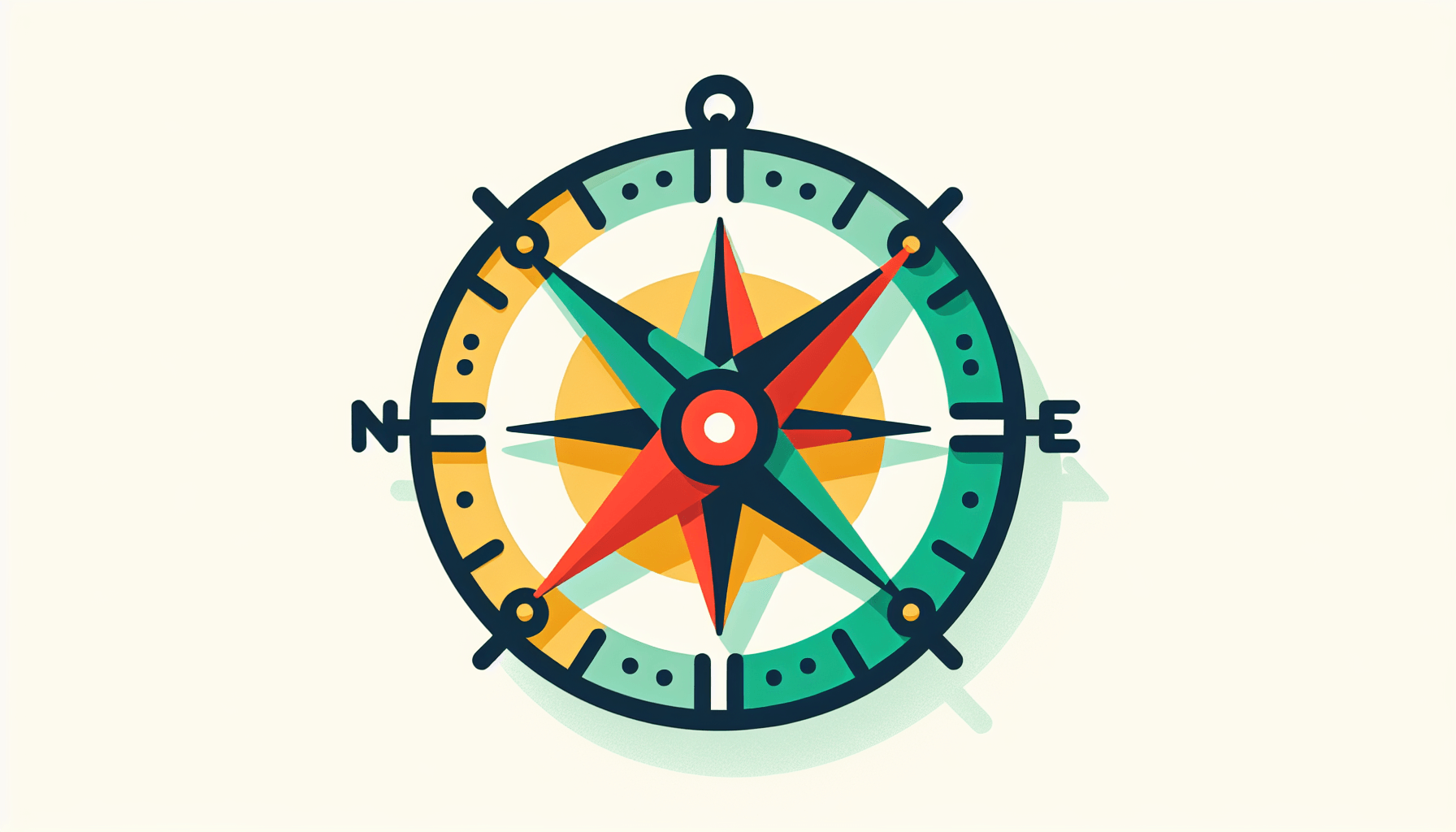 Compass in flat illustration style and white background, red #f47574, green #88c7a8, yellow #fcc44b, and blue #645bc8 colors.
