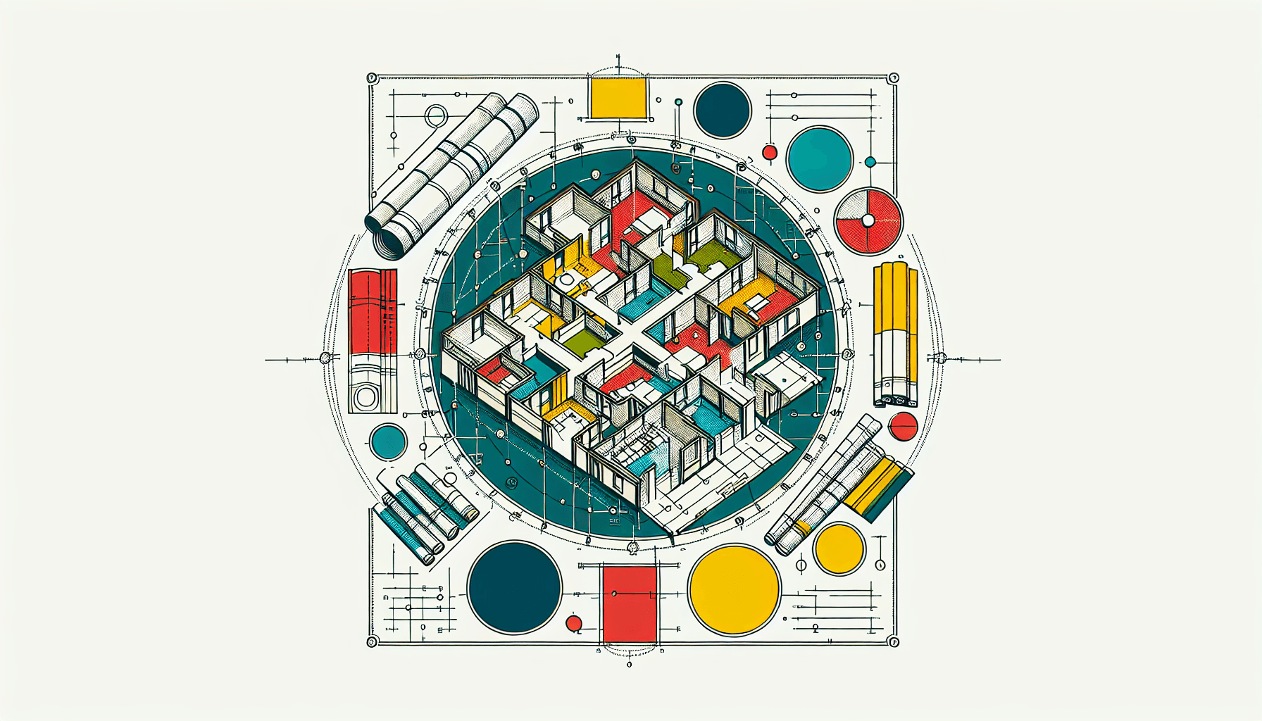 Blueprint in flat illustration style and white background, red #f47574, green #88c7a8, yellow #fcc44b, and blue #645bc8 colors.