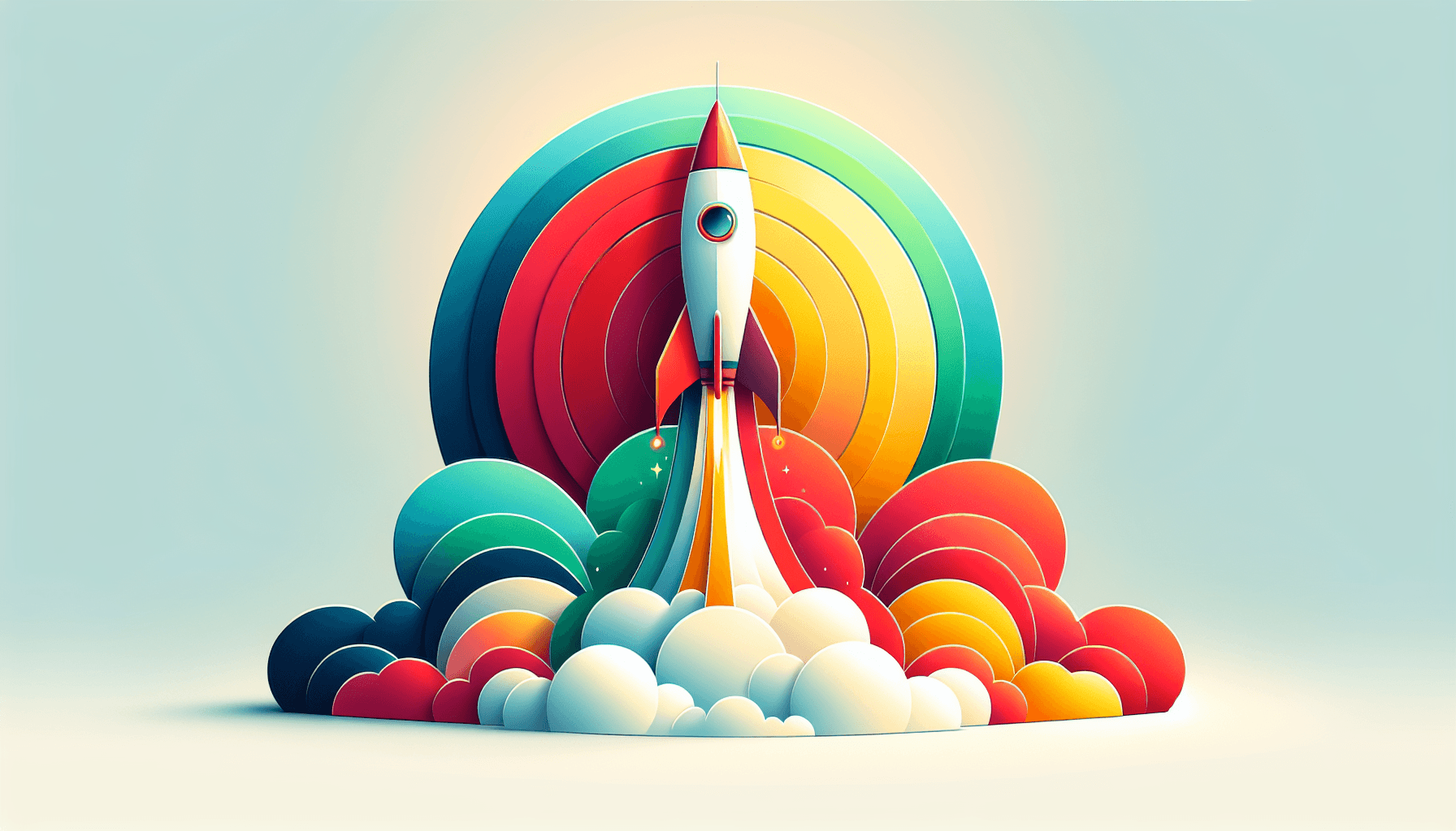 Rocket in flat illustration style and white background, red #f47574, green #88c7a8, yellow #fcc44b, and blue #645bc8 colors.