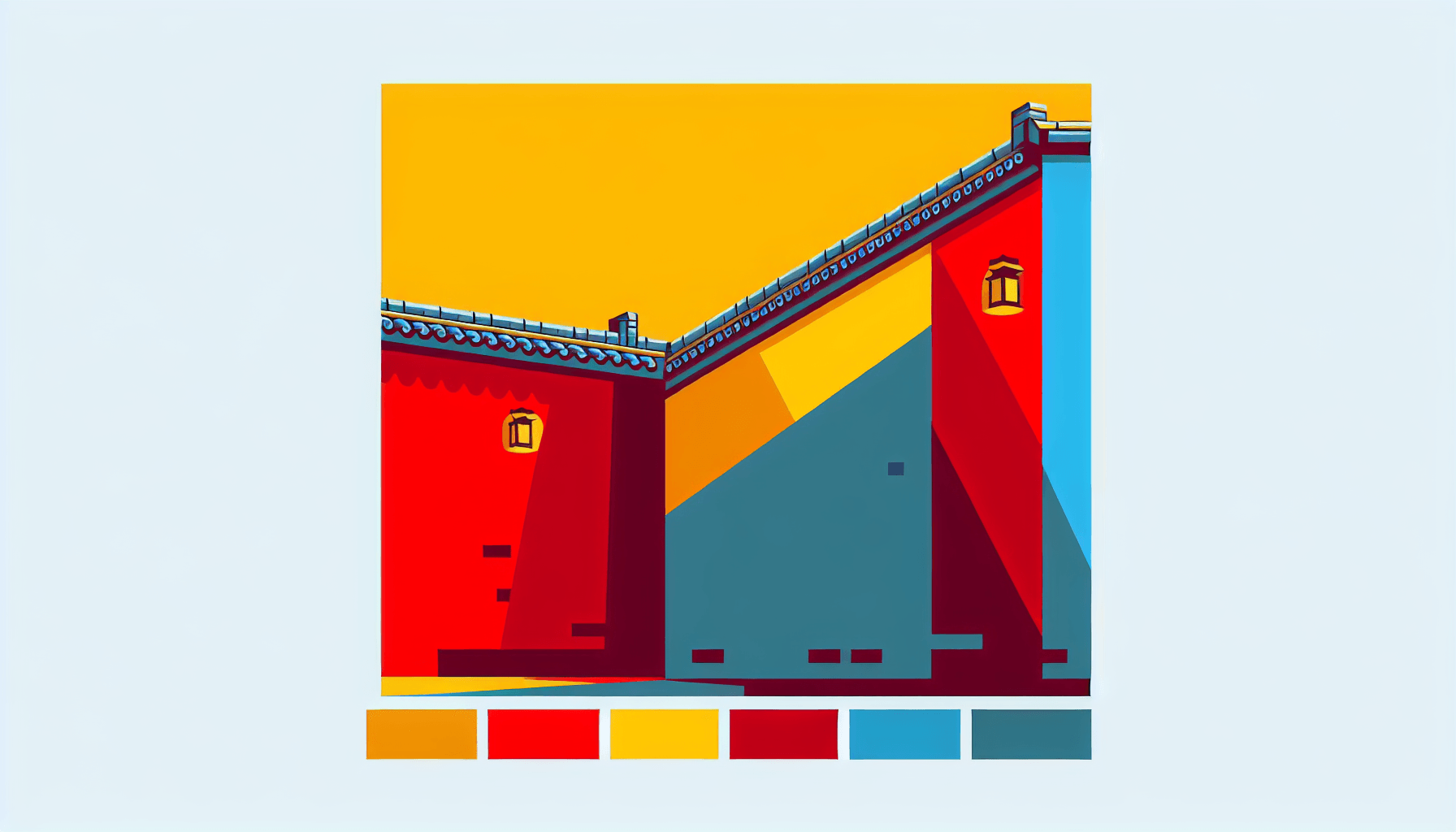 Wall in flat illustration style and white background, red #f47574, green #88c7a8, yellow #fcc44b, and blue #645bc8 colors.