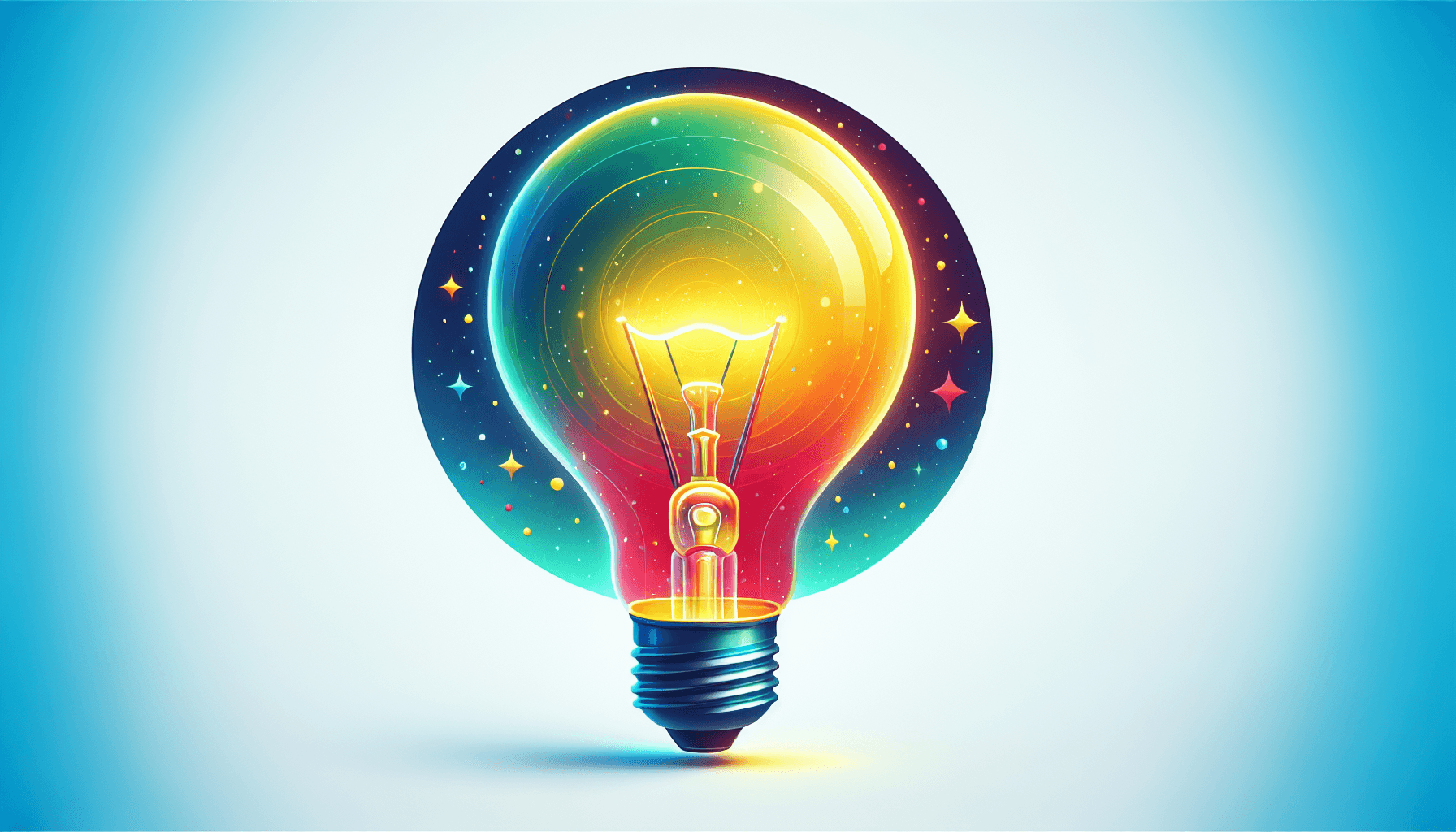 Lightbulb in flat illustration style and white background, red #f47574, green #88c7a8, yellow #fcc44b, and blue #645bc8 colors.