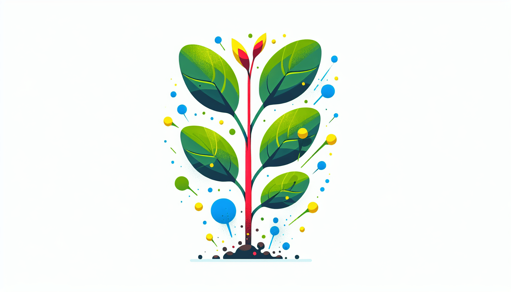 Seedling in flat illustration style and white background, red #f47574, green #88c7a8, yellow #fcc44b, and blue #645bc8 colors.