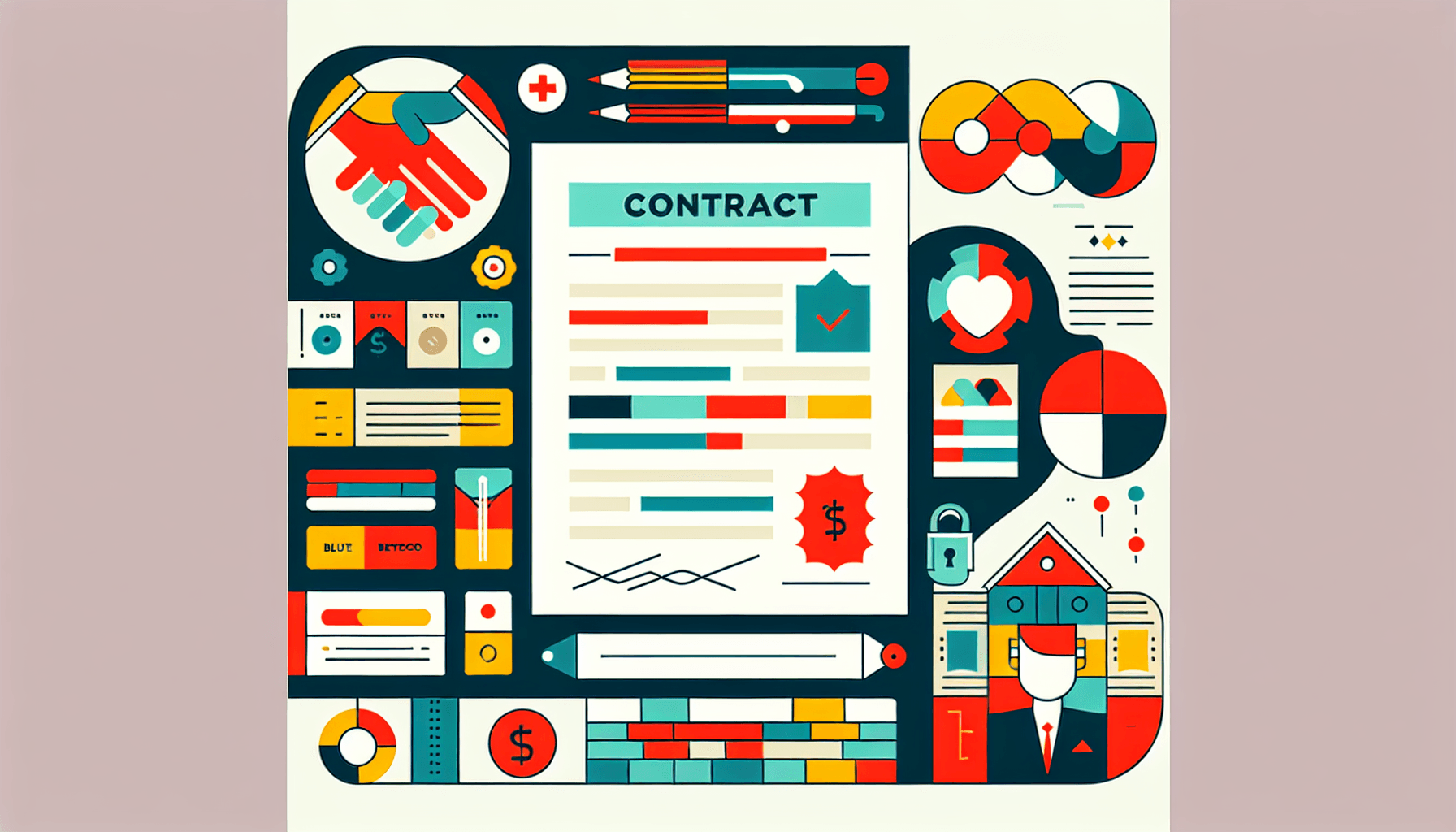 Contract in flat illustration style and white background, red #f47574, green #88c7a8, yellow #fcc44b, and blue #645bc8 colors.