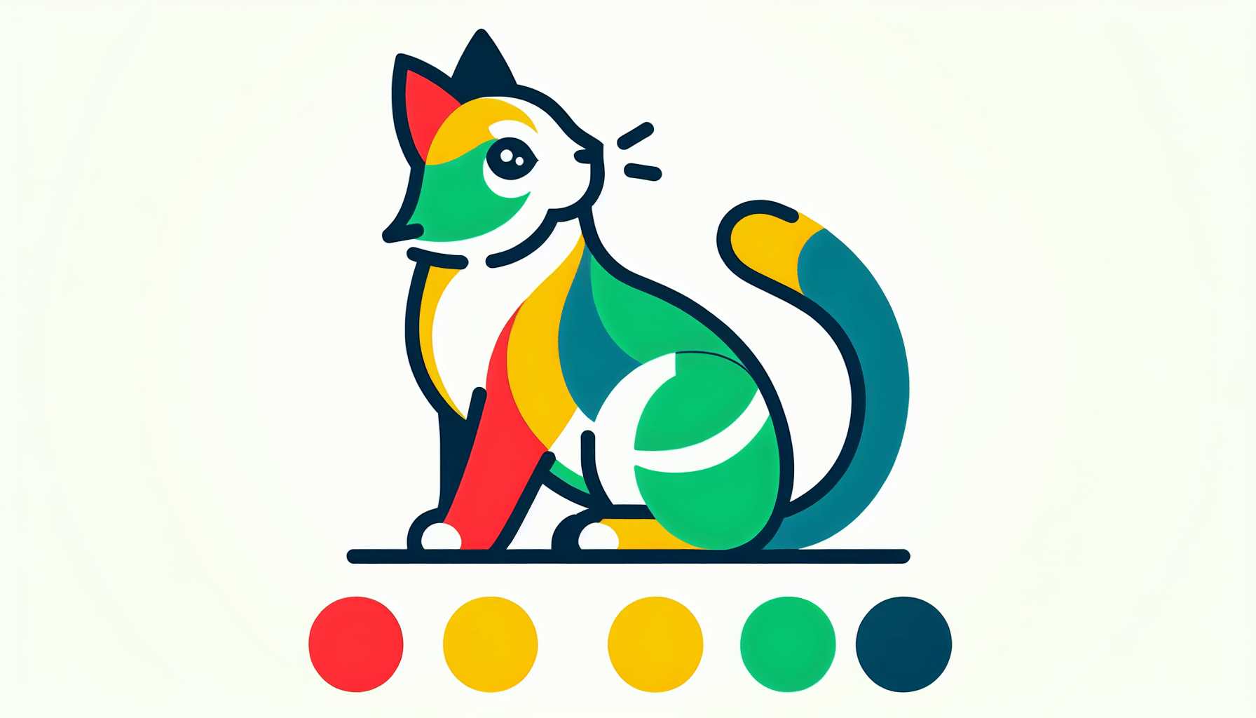 Cat in flat illustration style and white background, red #f47574, green #88c7a8, yellow #fcc44b, and blue #645bc8 colors.