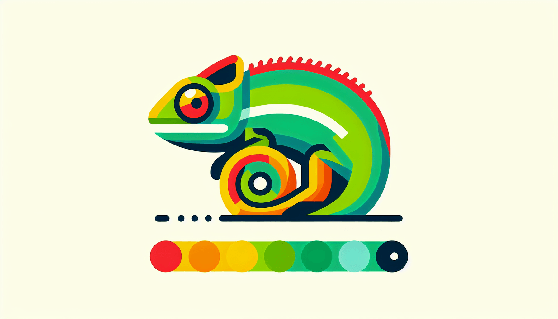 Chameleon in flat illustration style and white background, red #f47574, green #88c7a8, yellow #fcc44b, and blue #645bc8 colors.