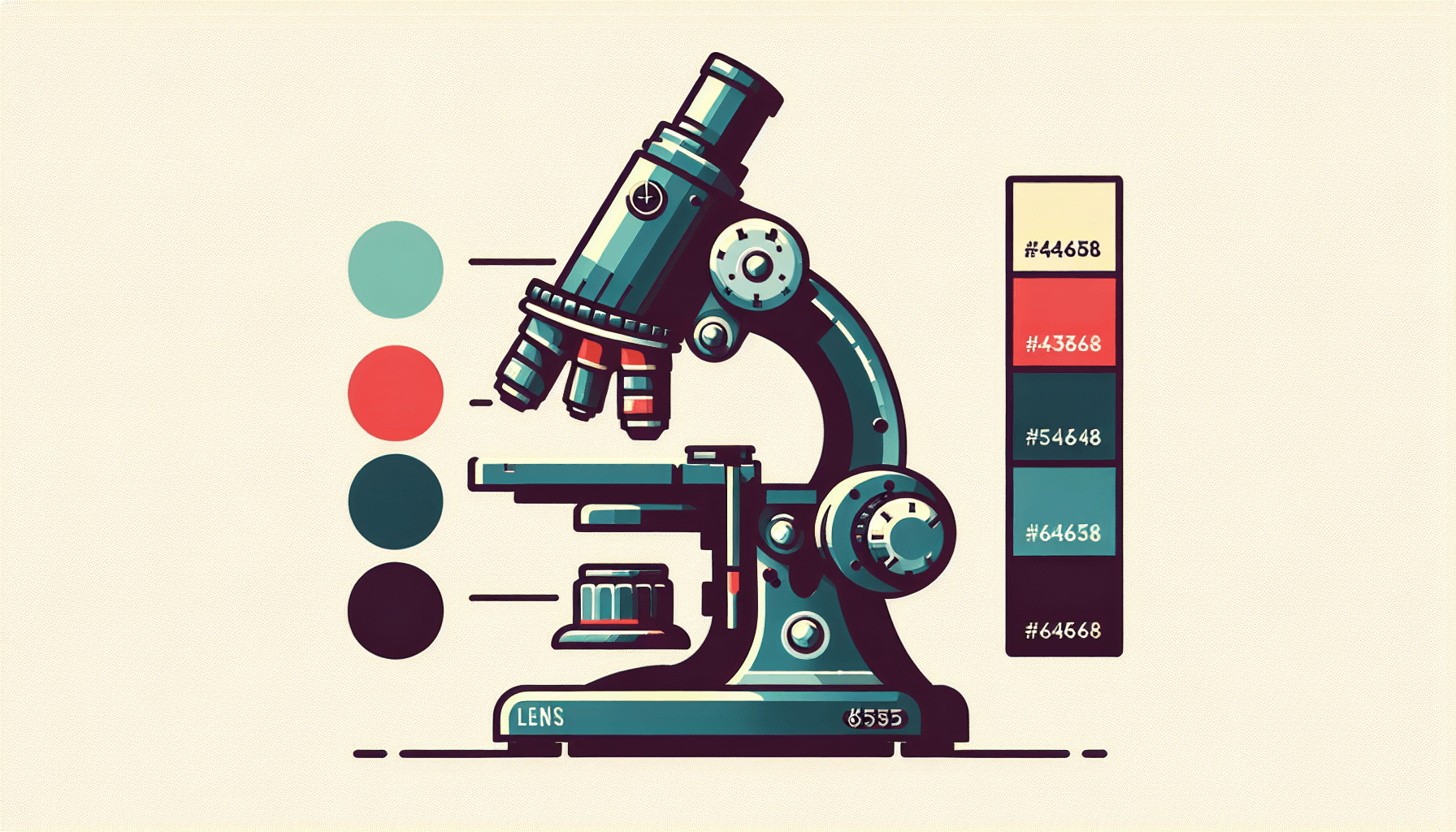 Microscope in flat illustration style and white background, red #f47574, green #88c7a8, yellow #fcc44b, and blue #645bc8 colors.