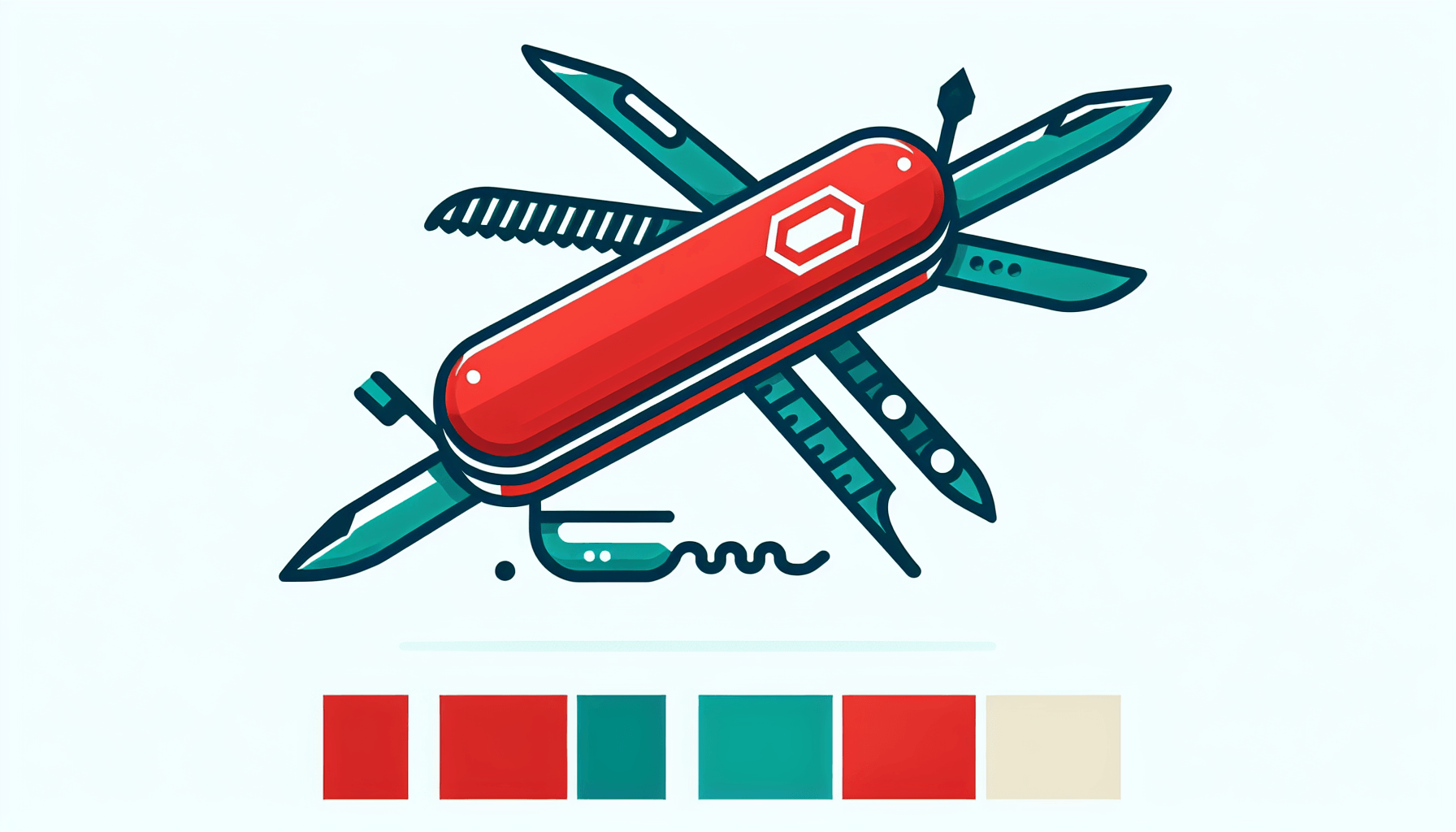 Swiss Army Knife in flat illustration style and white background, red #f47574, green #88c7a8, yellow #fcc44b, and blue #645bc8 colors.