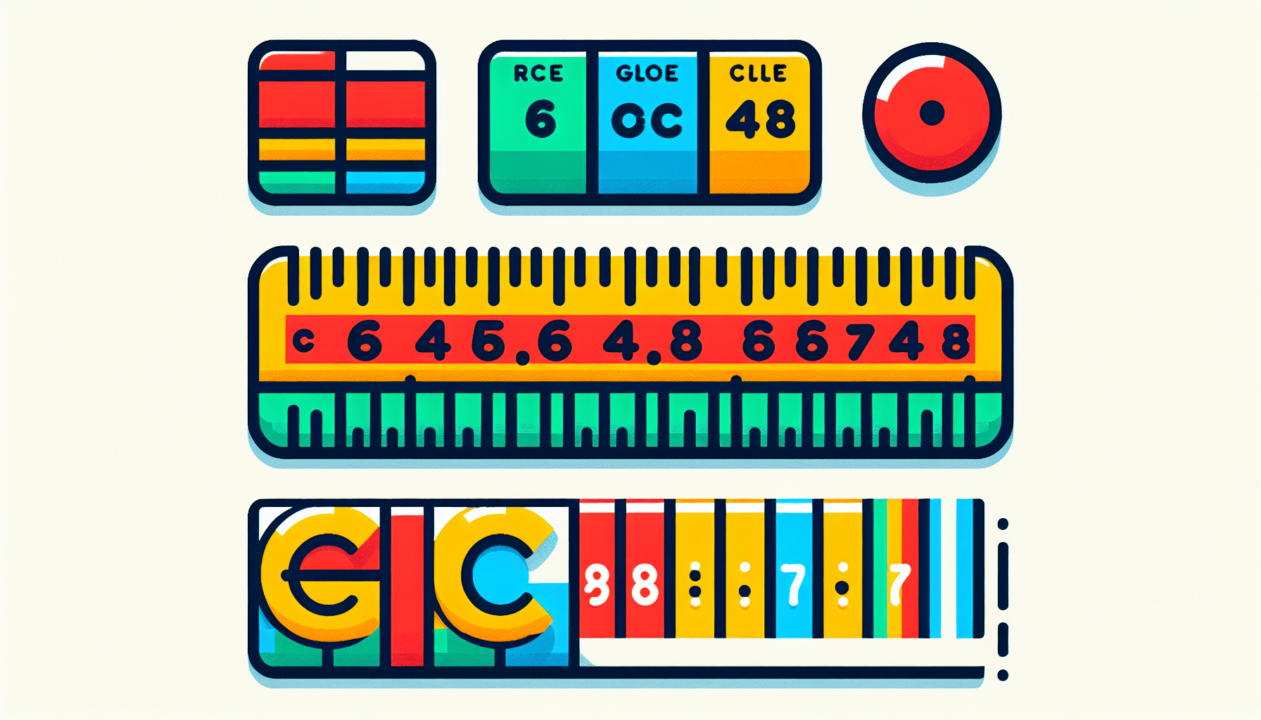 Ruler in flat illustration style and white background, red #f47574, green #88c7a8, yellow #fcc44b, and blue #645bc8 colors.