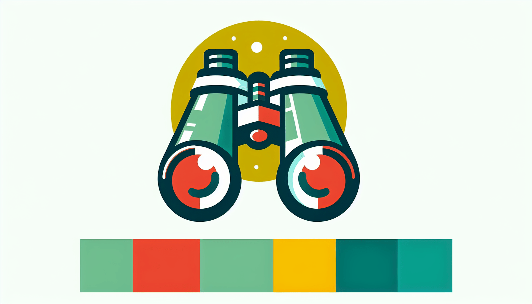 Binoculars in flat illustration style and white background, red #f47574, green #88c7a8, yellow #fcc44b, and blue #645bc8 colors.