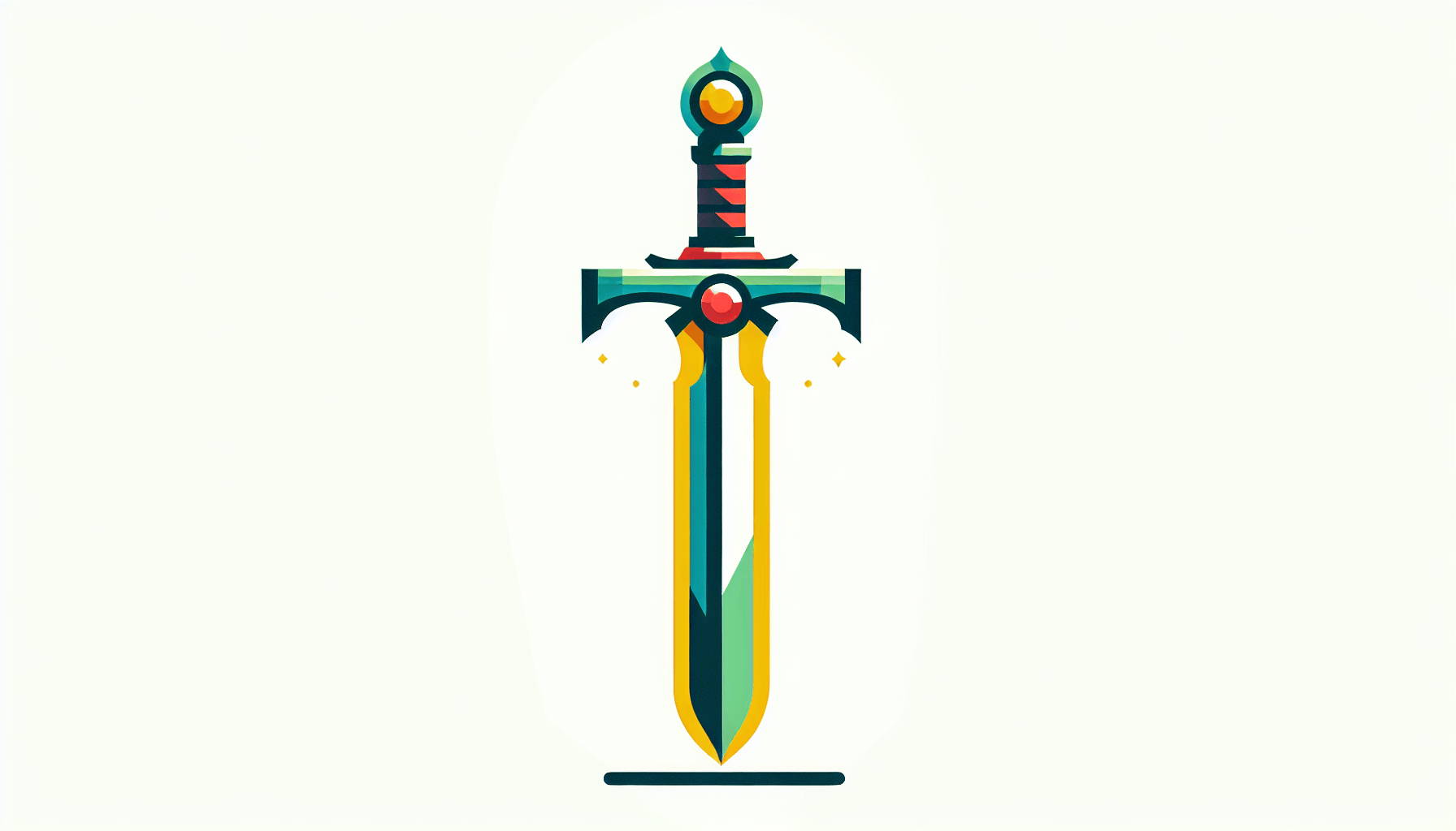 Sword in flat illustration style and white background, red #f47574, green #88c7a8, yellow #fcc44b, and blue #645bc8 colors.