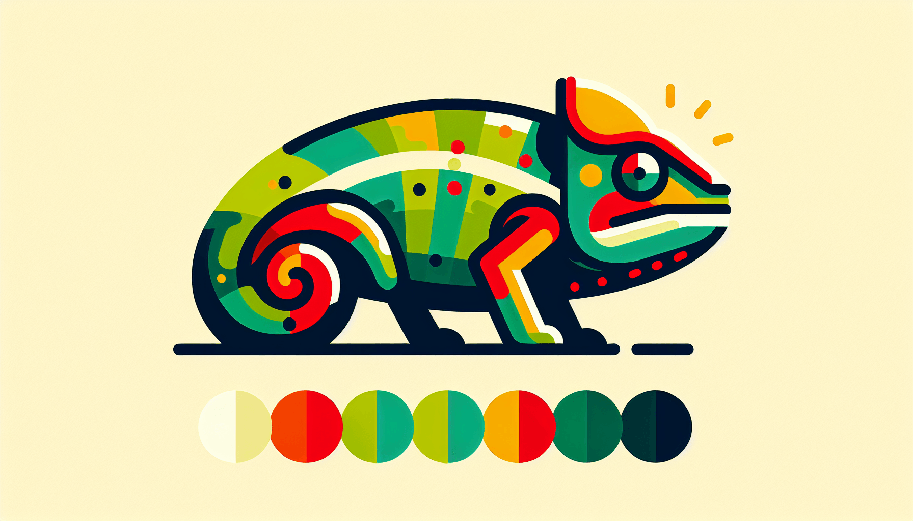 Chameleon in flat illustration style and white background, red #f47574, green #88c7a8, yellow #fcc44b, and blue #645bc8 colors.