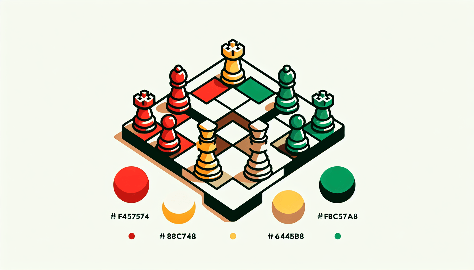 Chessboard in flat illustration style and white background, red #f47574, green #88c7a8, yellow #fcc44b, and blue #645bc8 colors.