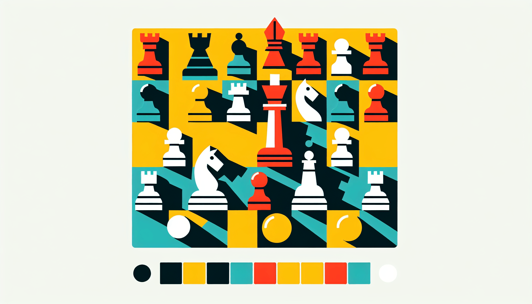 Chessboard in flat illustration style and white background, red #f47574, green #88c7a8, yellow #fcc44b, and blue #645bc8 colors.