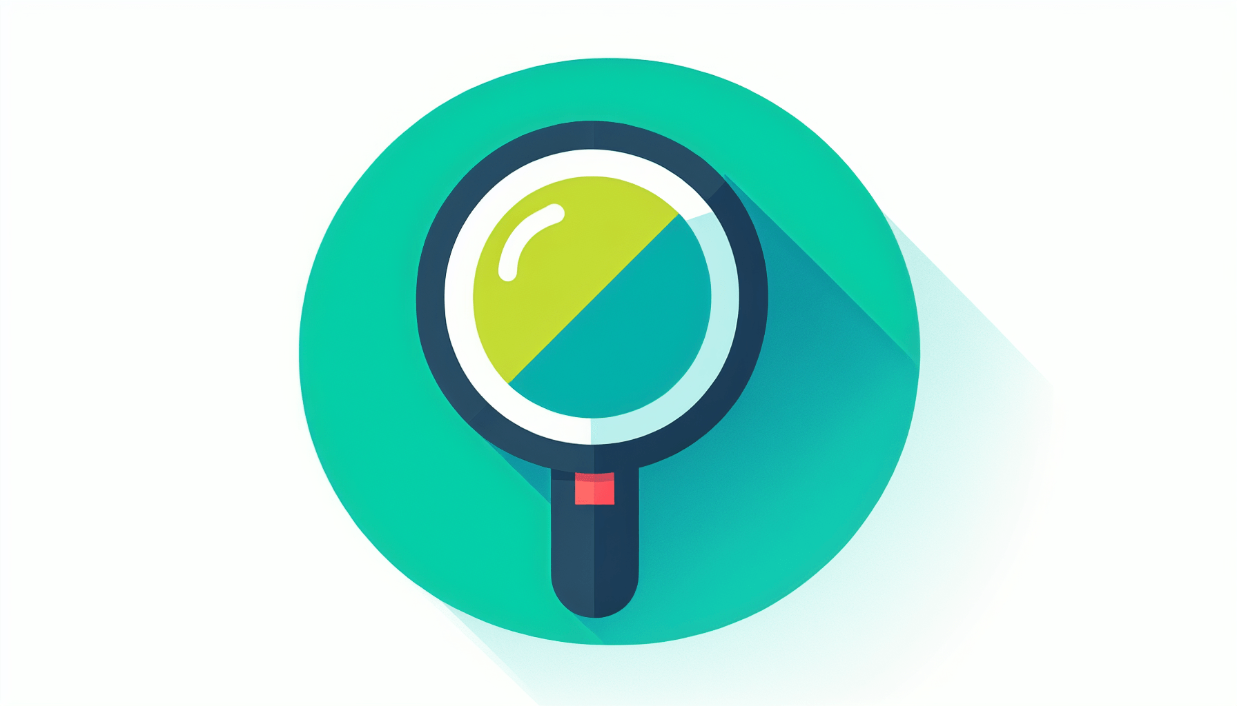 Magnifying glass in flat illustration style and white background, red #f47574, green #88c7a8, yellow #fcc44b, and blue #645bc8 colors.