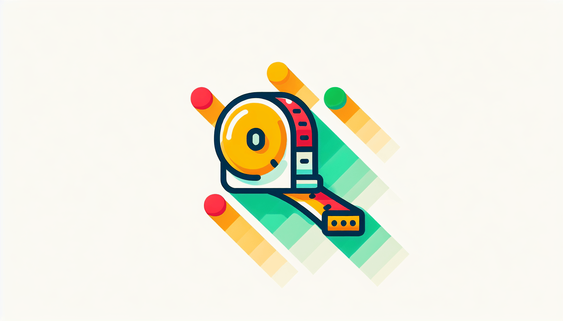 Measuring tape in flat illustration style and white background, red #f47574, green #88c7a8, yellow #fcc44b, and blue #645bc8 colors.