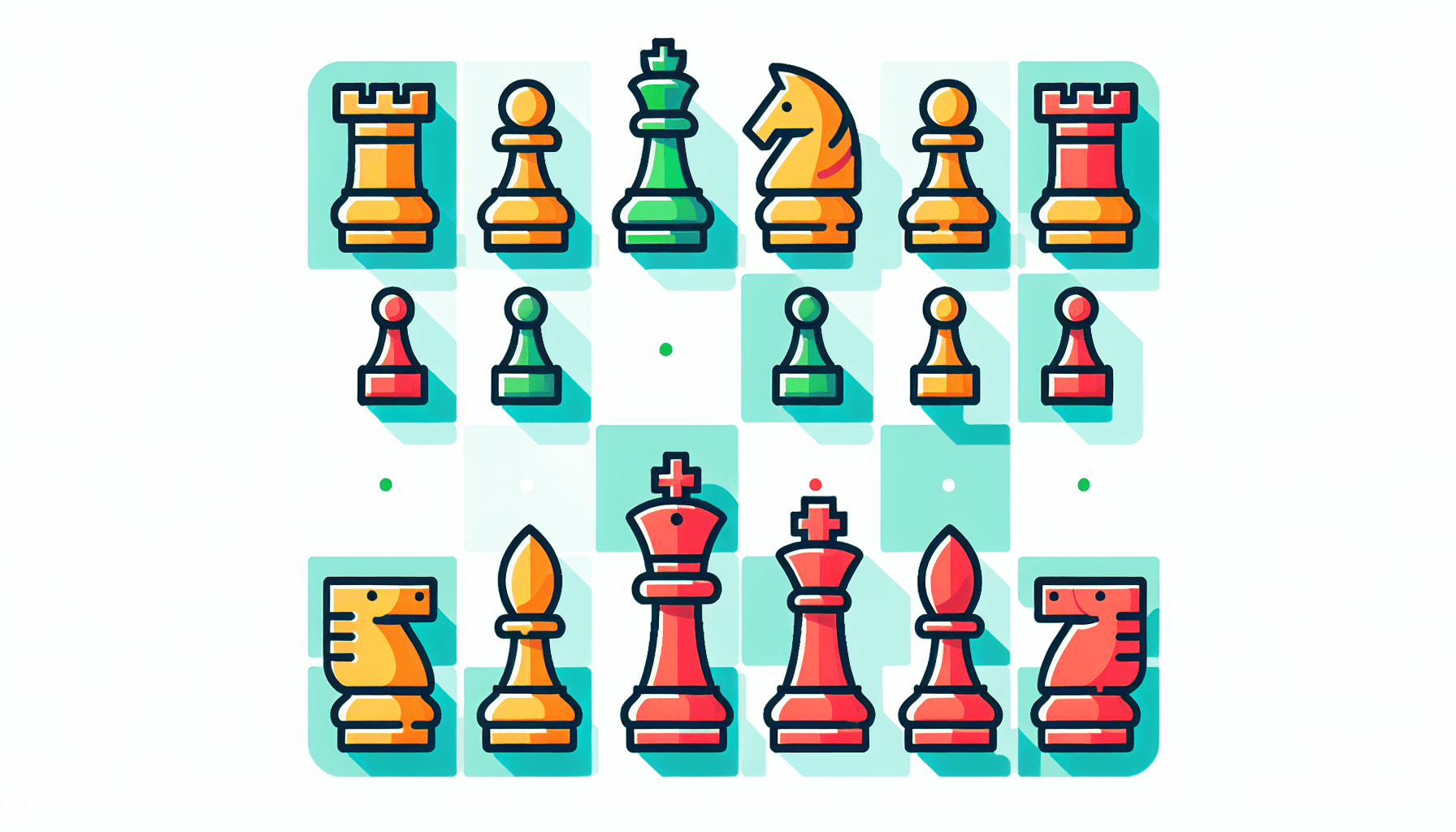 Chessboard in flat illustration style and white background, red #f47574, green #88c7a8, yellow #fcc44b, and blue #645bc8 colors.