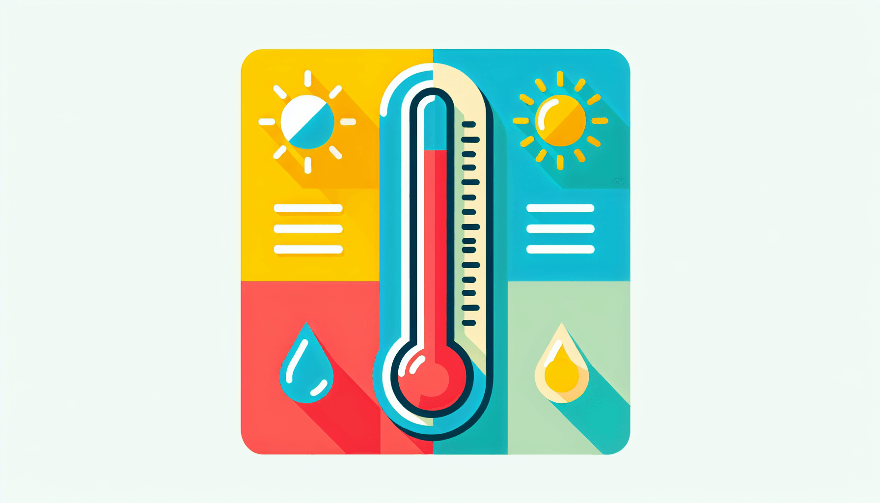 Thermometer in flat illustration style and white background, red #f47574, green #88c7a8, yellow #fcc44b, and blue #645bc8 colors.